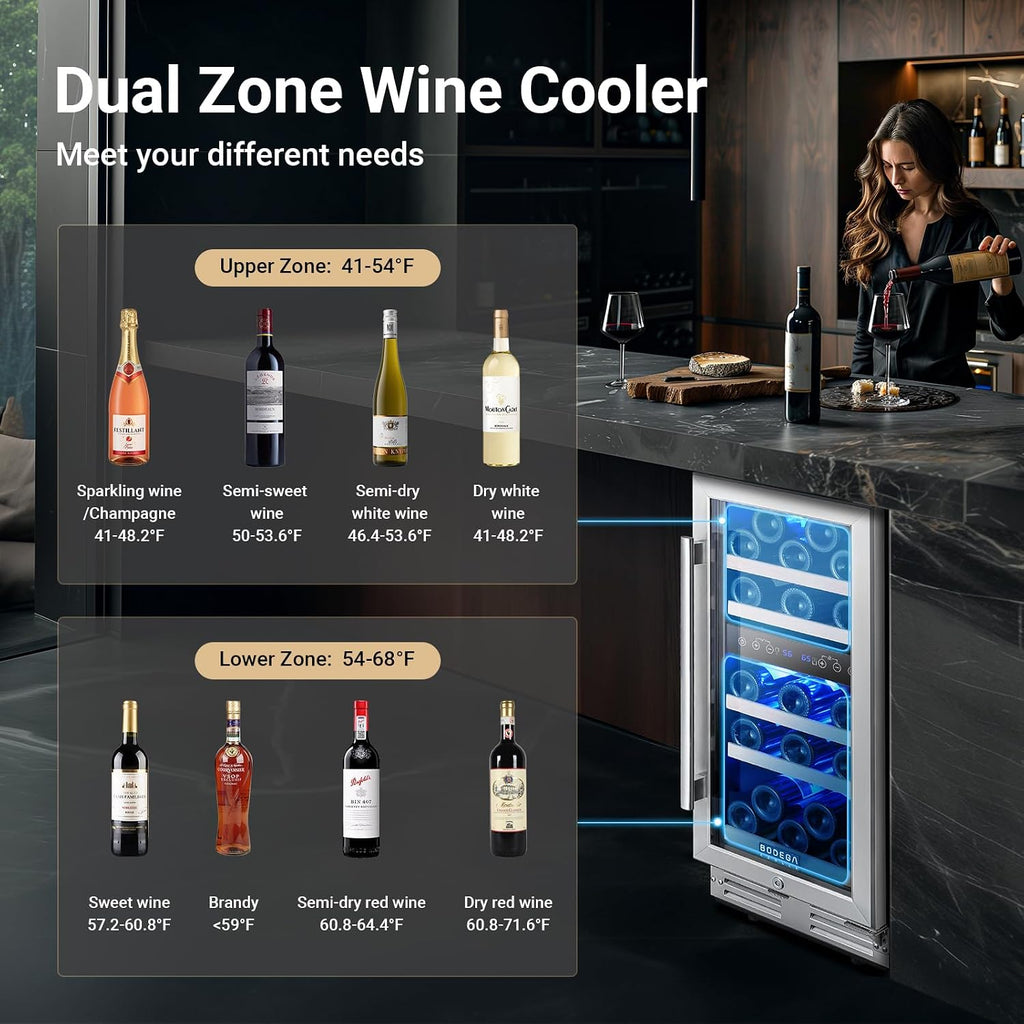 BODEGA 15 Inch Dual Zone Wine Fridge, 30 Bottle, Black 15' Wine Cooler Under Counter For Home and Kitchen, With Double-Layer Glass Door, Wine Refrigerators Free standing with Temperature Control.