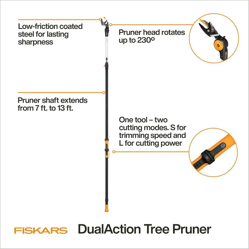 Fiskars 7–13 ft Extendable Tree Pruner, Telescoping Pole Pruner with 2 Cutting Modes for Fast & Powerful Cuts, Long Reach Tree Trimmer for High Branches & Tall Trees, Rotating Head, Garden & Yard Care