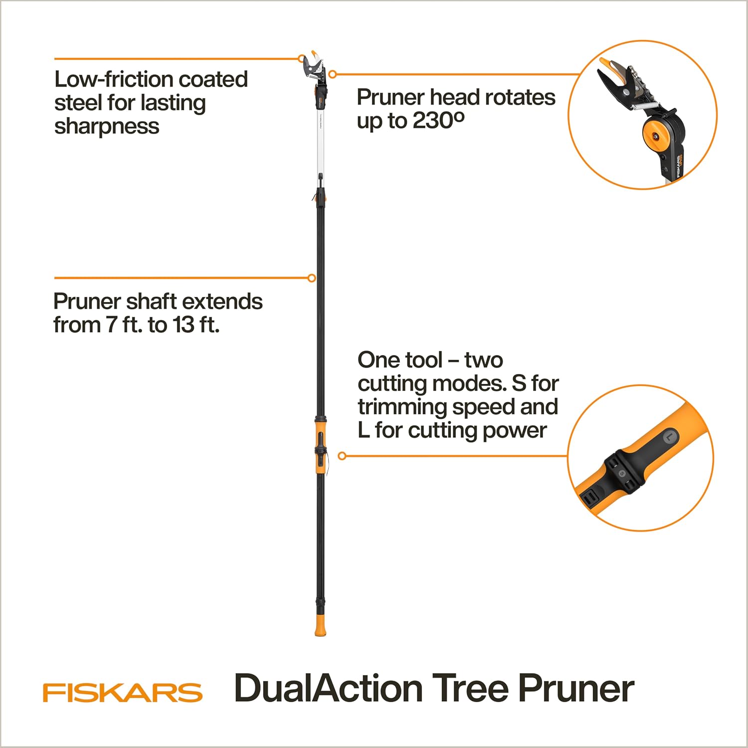 Fiskars 7–13 ft Extendable Tree Pruner, Telescoping Pole Pruner with 2 Cutting Modes for Fast & Powerful Cuts, Long Reach Tree Trimmer for High Branches & Tall Trees, Rotating Head, Garden & Yard Care