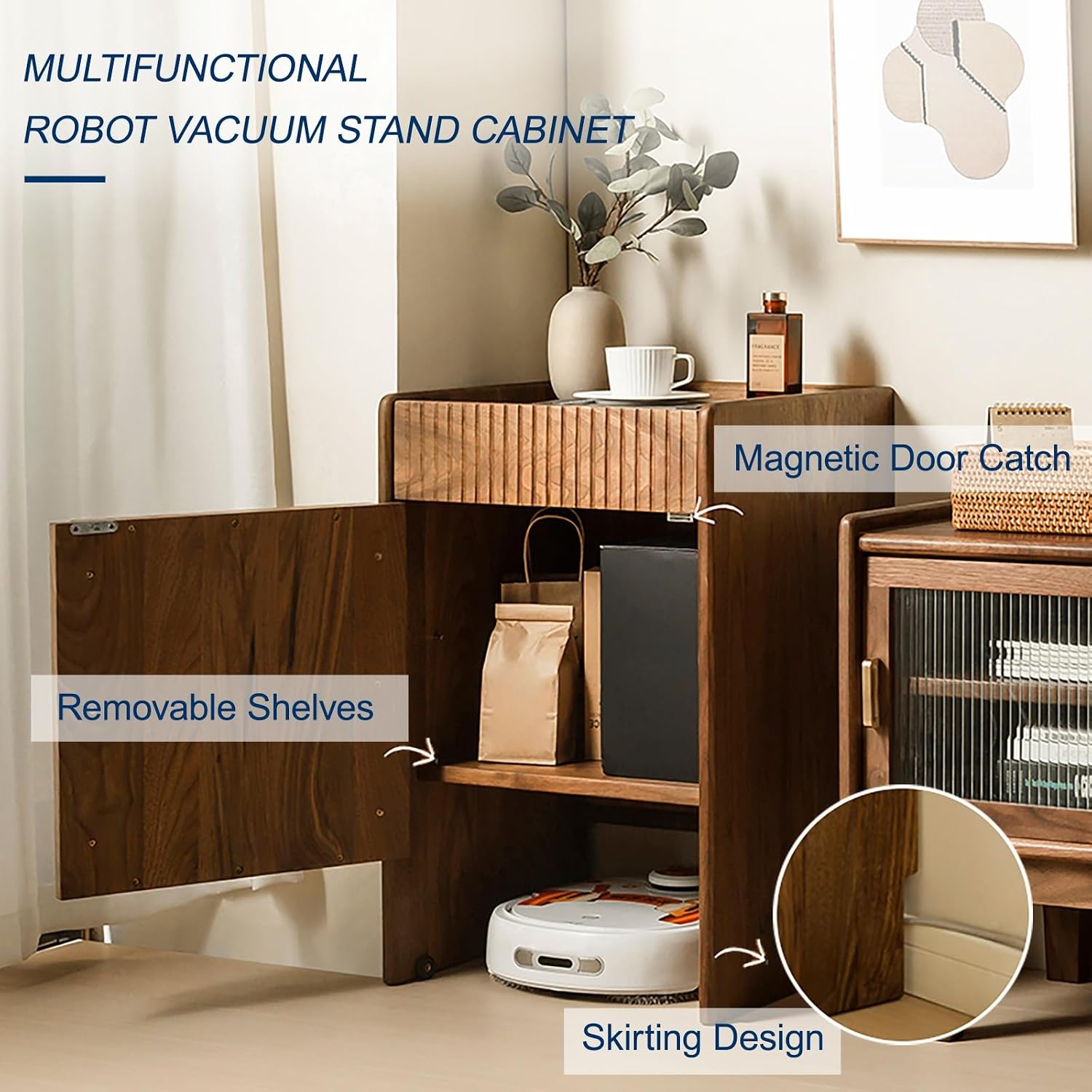 Modern Robot Vacuum Storage Rack Hidden End Side Table, Self-Emptying Sweeper Machine Cabinet Easy to Change Water for Living Room Bedroom