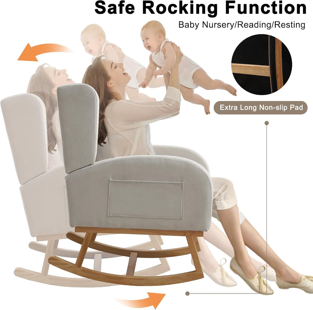 Nursery Rocking Chair,Linen Upholstered Rocker Chair,Wingback Nursing Rocking Chair with High Back for Nursing Adults Living Room, Bedroom(Linen Beige)