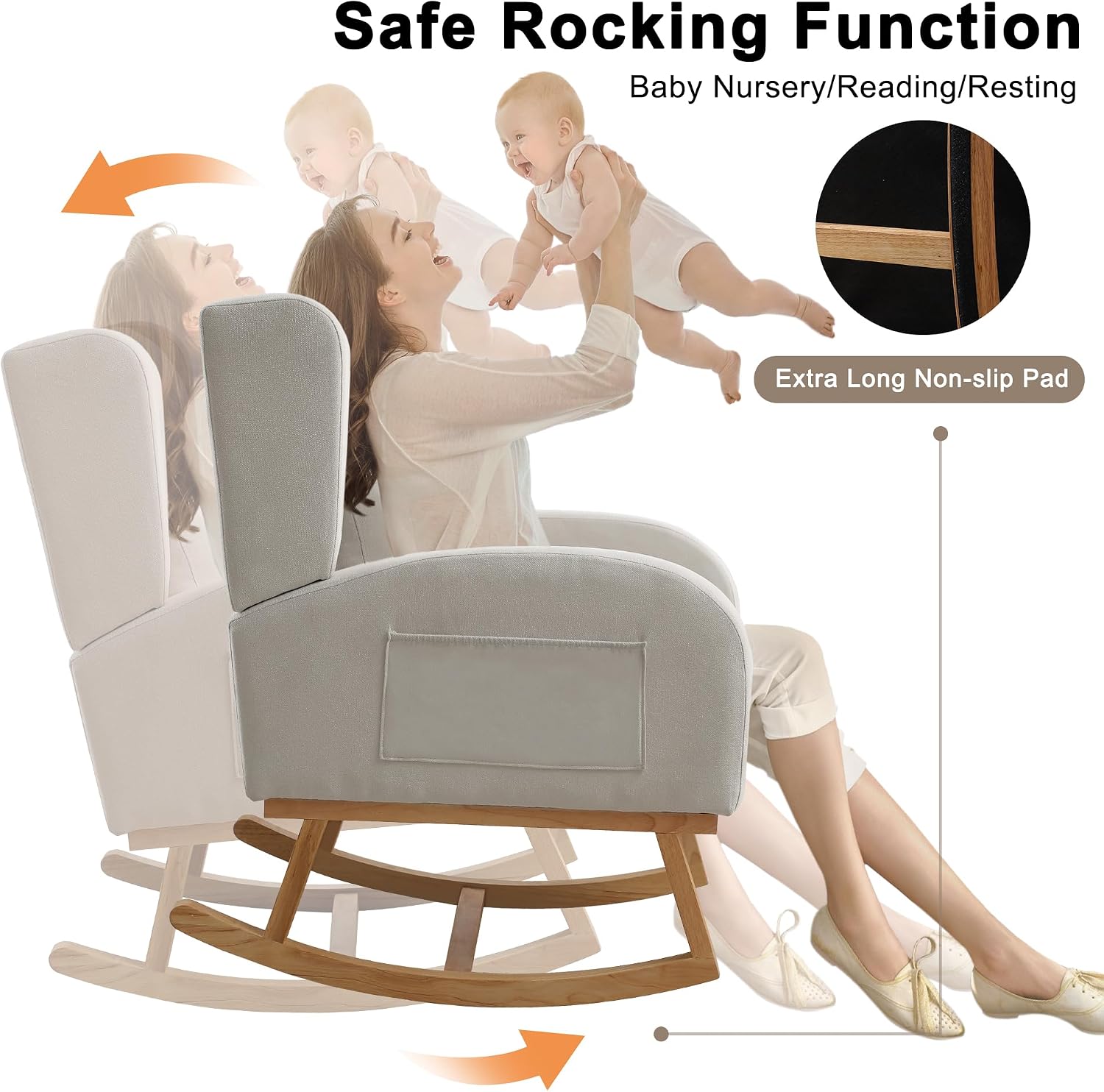 Nursery Rocking Chair,Linen Upholstered Rocker Chair,Wingback Nursing Rocking Chair with High Back for Nursing Adults Living Room, Bedroom(Linen Beige)