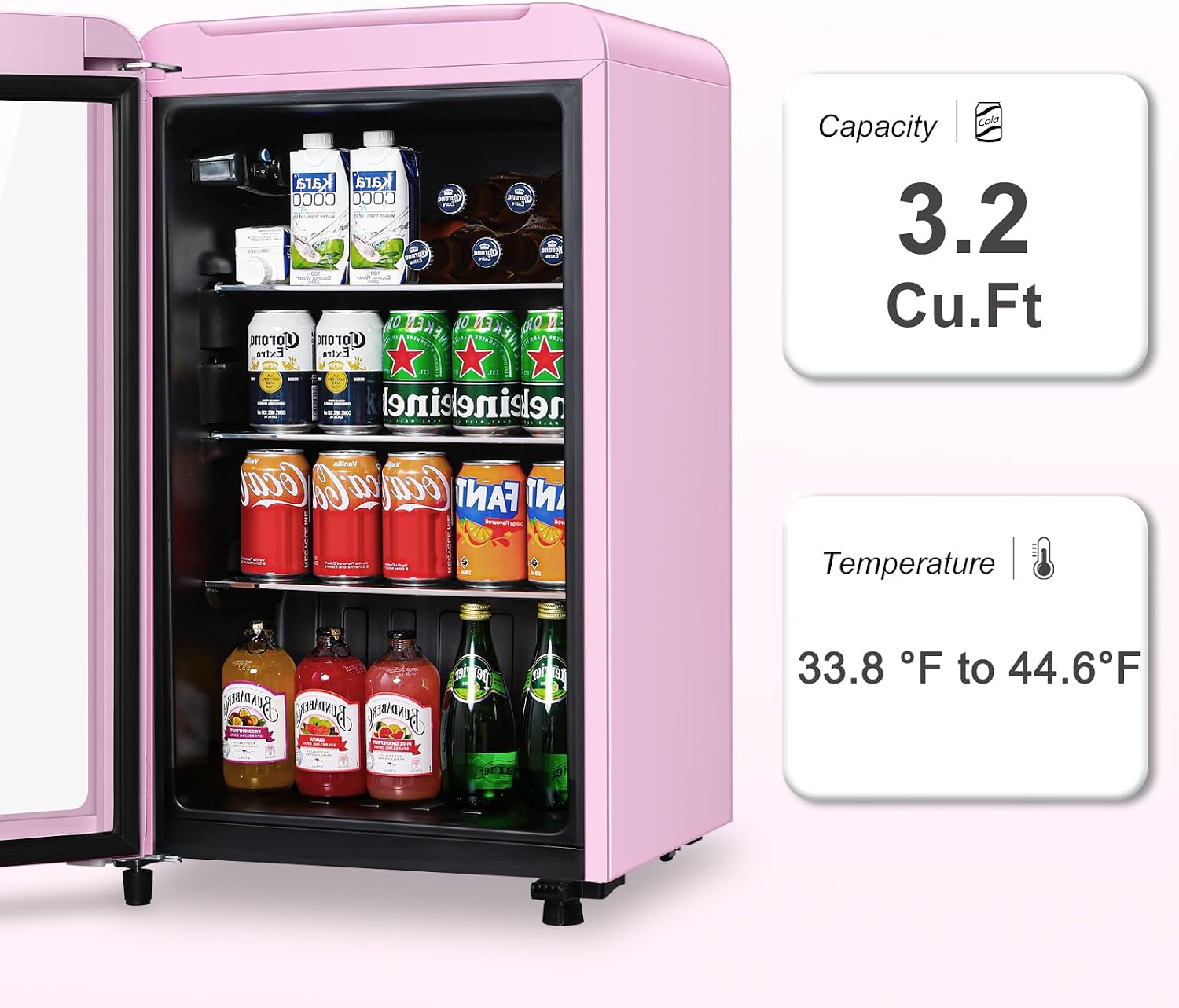 Retro Beverage Refrigerator, 3.2 Cu.Ft Mini Fridge with Glass Door, Vintage Freestanding Drink Cooler for Office, Bar, Home, Adjustable Shelving, Adjustable Thermostat (Pink)