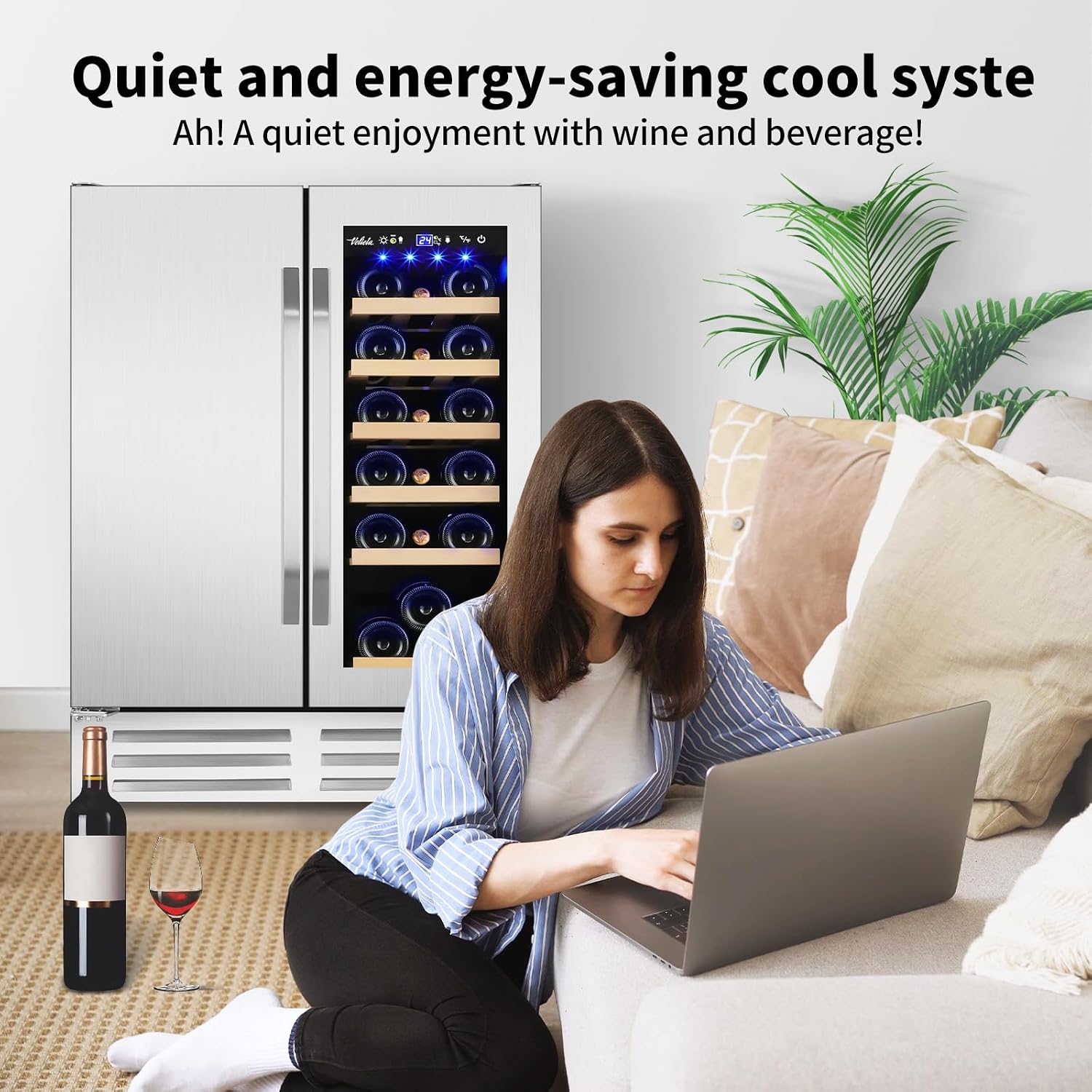 24 Inch Wine and Beverage Refrigerator, Dual Zone Wine Beverage Cooler, Built-in/Freestanding Beer and Wine Fridge with a Powerful Compressor, 20 Bottles and 88 Cans Capacity
