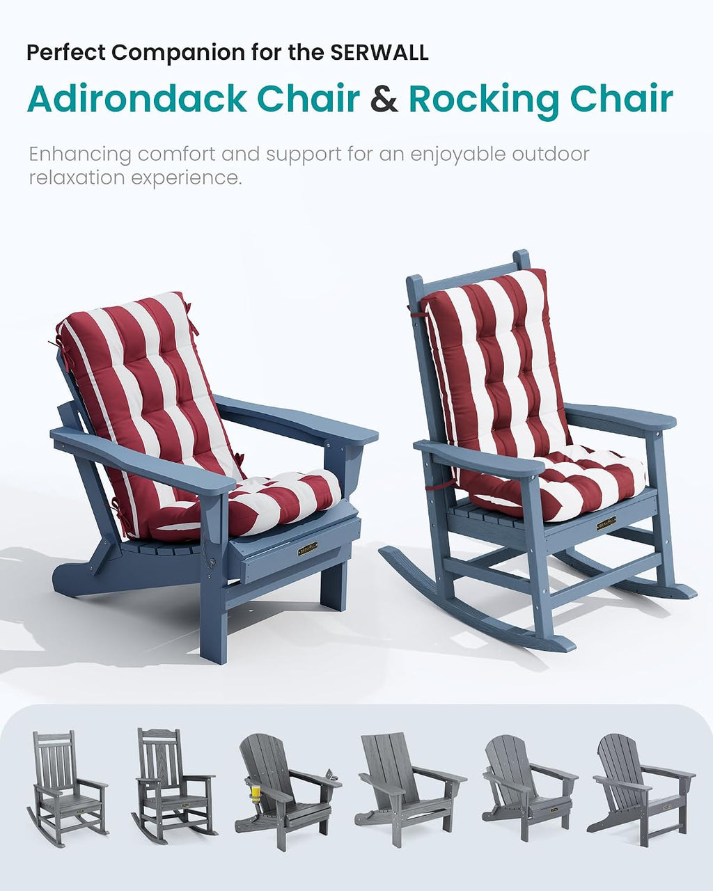 SERWALL HDPE Outdoor Rocking Chair Cushion Set of 4, Memory Foam Cushion Red White