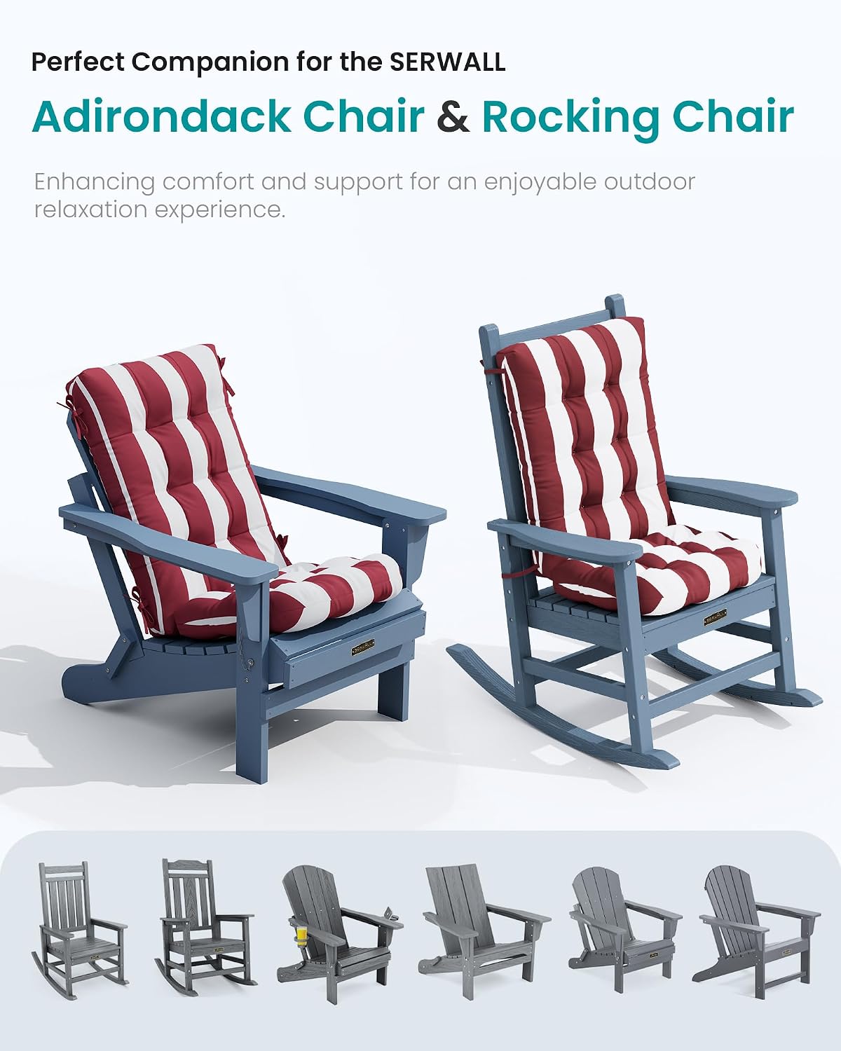 SERWALL HDPE Outdoor Rocking Chair Cushion Set of 4, Memory Foam Cushion Red White