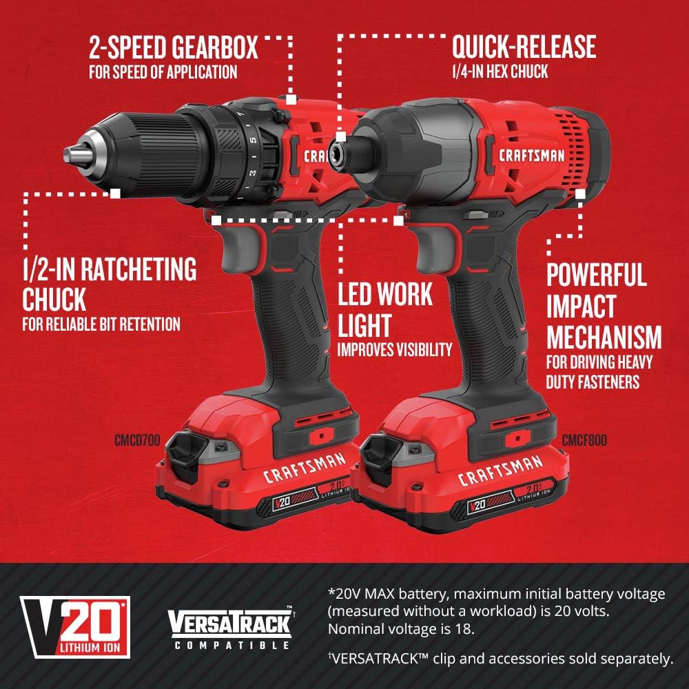 Craftsman CMCK400D2R 20V Lithium-Ion Cordless 4-Tool Combo Kit (2 Ah) (Renewed)