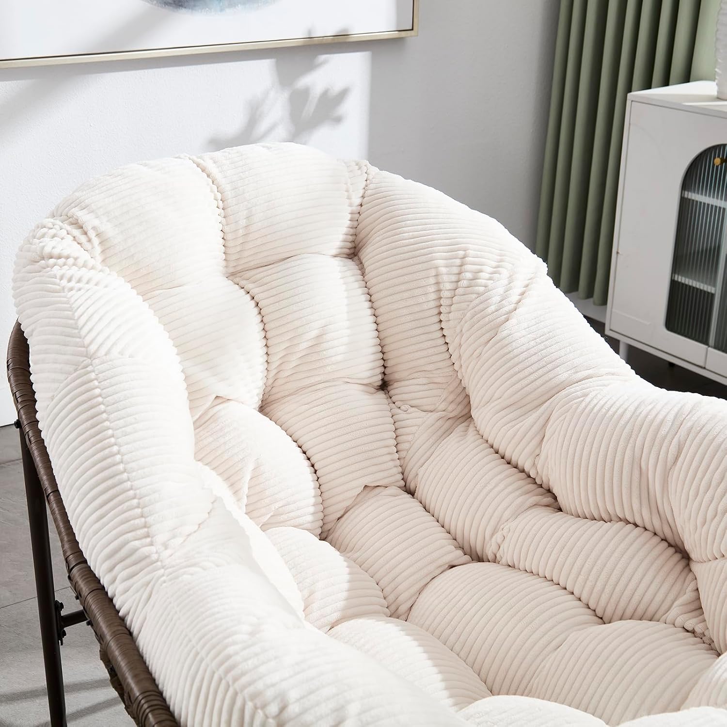 Rattan Rocking Chair for Indoor Outdoor Patio Oversized Wicker Egg Chair with Steel Frame Corduroy Padded Cushion Rocker Recliner Chair Comfy Lounger Papasan Chair for Living Room Garden, Beige