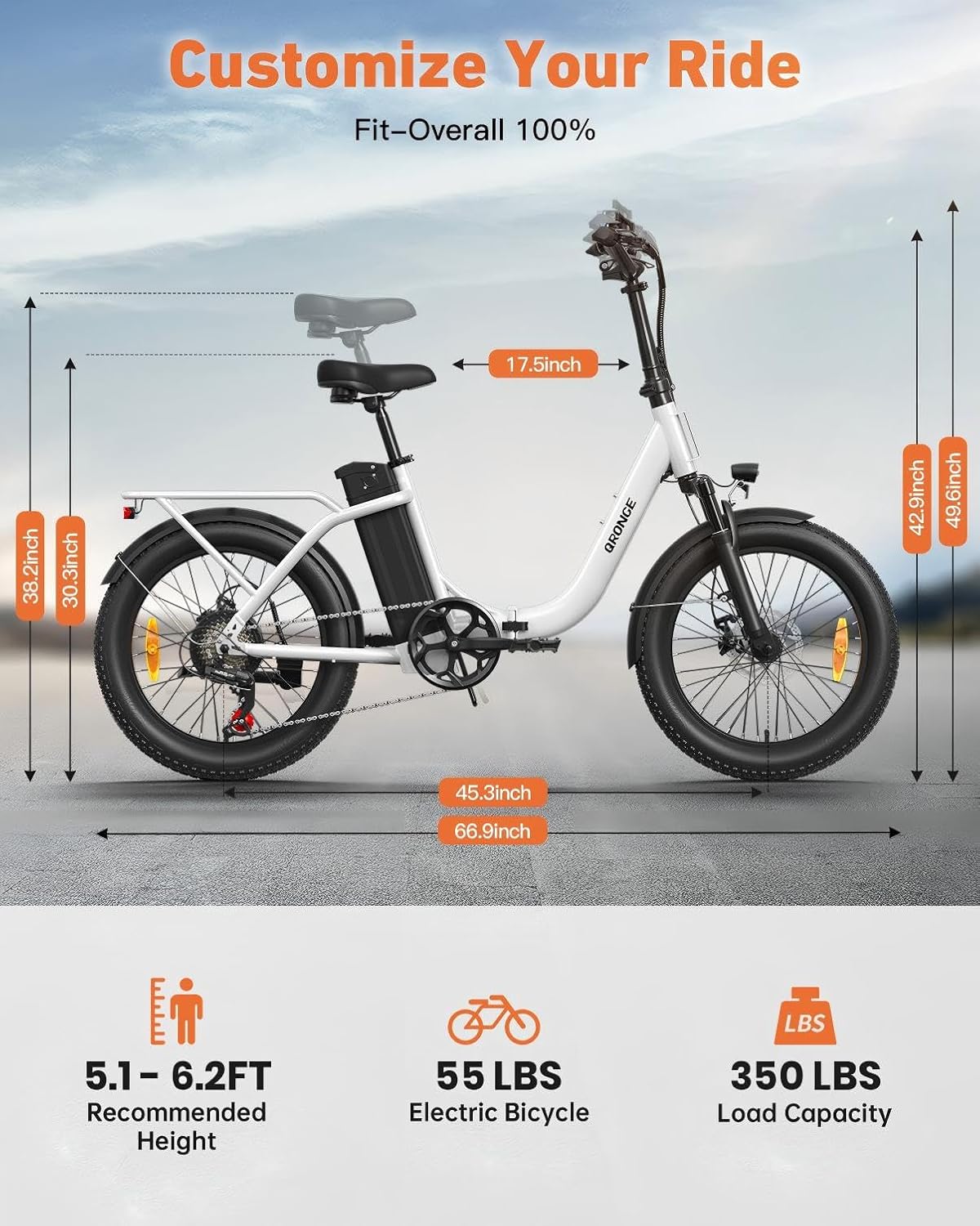 QRONGE Electric Bike, 1000W Peak Folding Electric Bike, 486Wh 70 Miles Range Ebike, Waterproof Removable Battery, 7 Speed, 25 MPH Max, 20' Step-Thru Bicycle with Front Basket