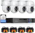 Wired Security Camera System Outdoor, 4pcs Pan/Tilt CCTV Cameras and 4CH 5MP Lite AHD TVI DVR (500GB HDD), 360° View Surveillance DVR Kit, Motion Detection, 24/7 Recording, Remote Access