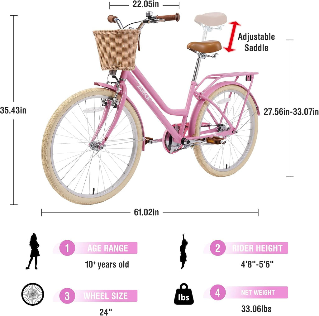 Girls Bike, 20/22/24 Inch Wheels, 1/7 Speed Kids Bike Cruiser Bike, Rear Cargo Rack for 7-14 Years Old Kids Bike, Multiple Colors