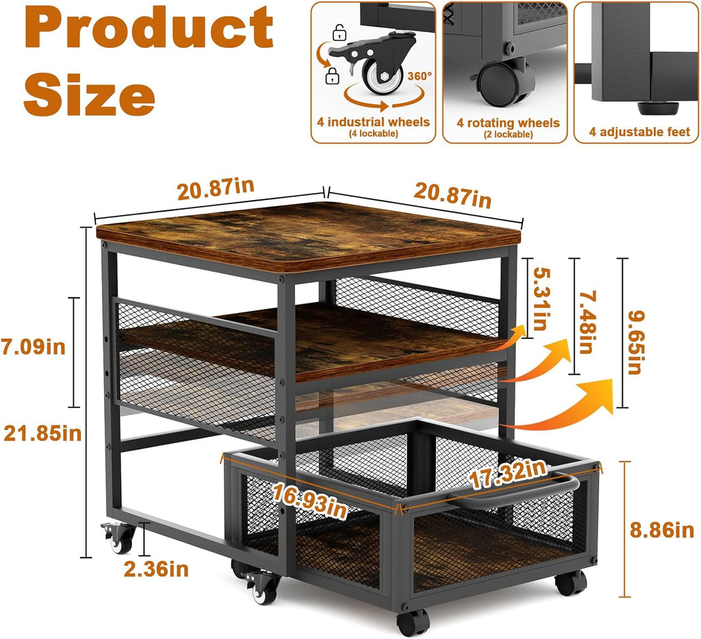 21x21in Mini Fridge Stand with Storage, Heavy Duty Mini Fridge Table with 4 Lockable Wheels for Coffee Bar 220LBS Compact Beverage Refrigerator Stand Cabinet Dorm Fridge Cart for Office Home (Brown)