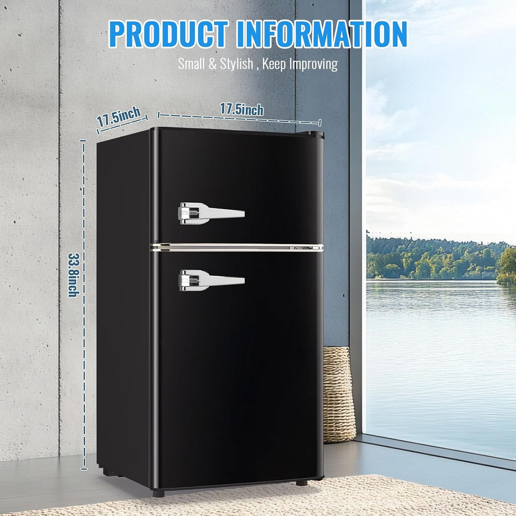 WANAI 3.5 Cu. Ft Mini Fridge with Freezer 2 Doors Small Refrigerator Freezer with Adjustable Thermostat, Shelves for Dorm, Office, Bedroom, Apartment Black