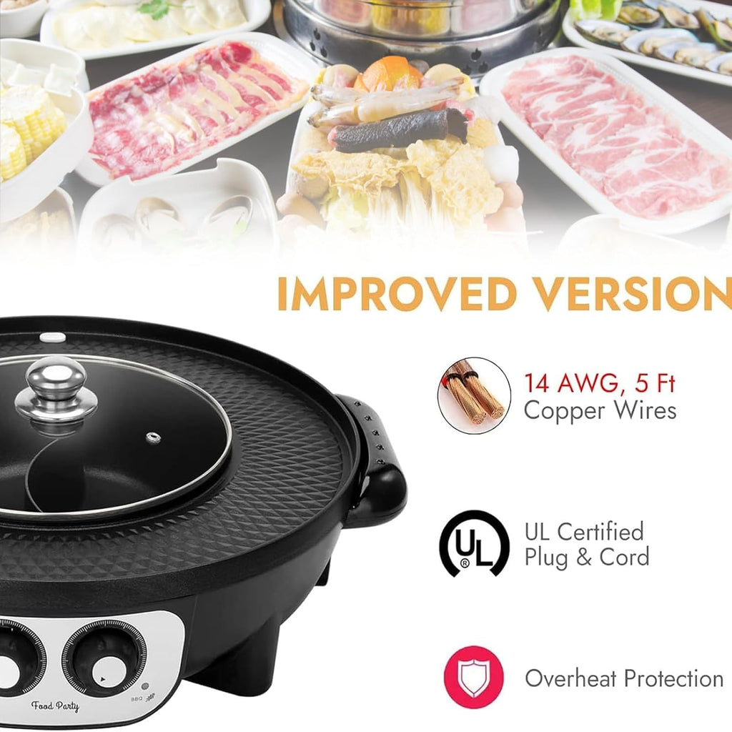Large Household Electric Hot Pot with Grill, Soup Pot and Korean BBQ, Non-stick Coating, Easy to Clean, For 7-10 People to Enjoy, 2200 W