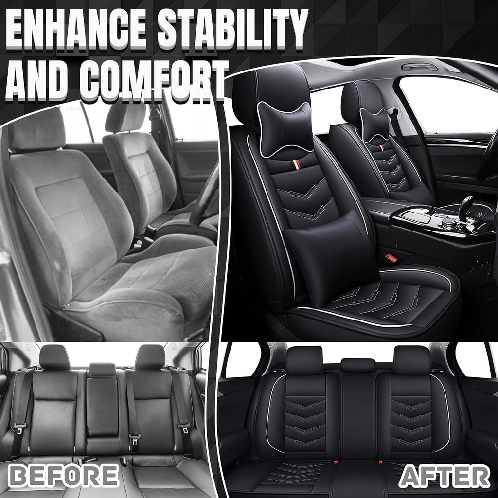 Car Seat Covers Fit for Buick Enclave 2008-2025, Leather Seat Covers for Car, Waterproof Non-Slip Durable Car Seat Protector(5 Seats with Pillow,Black White)