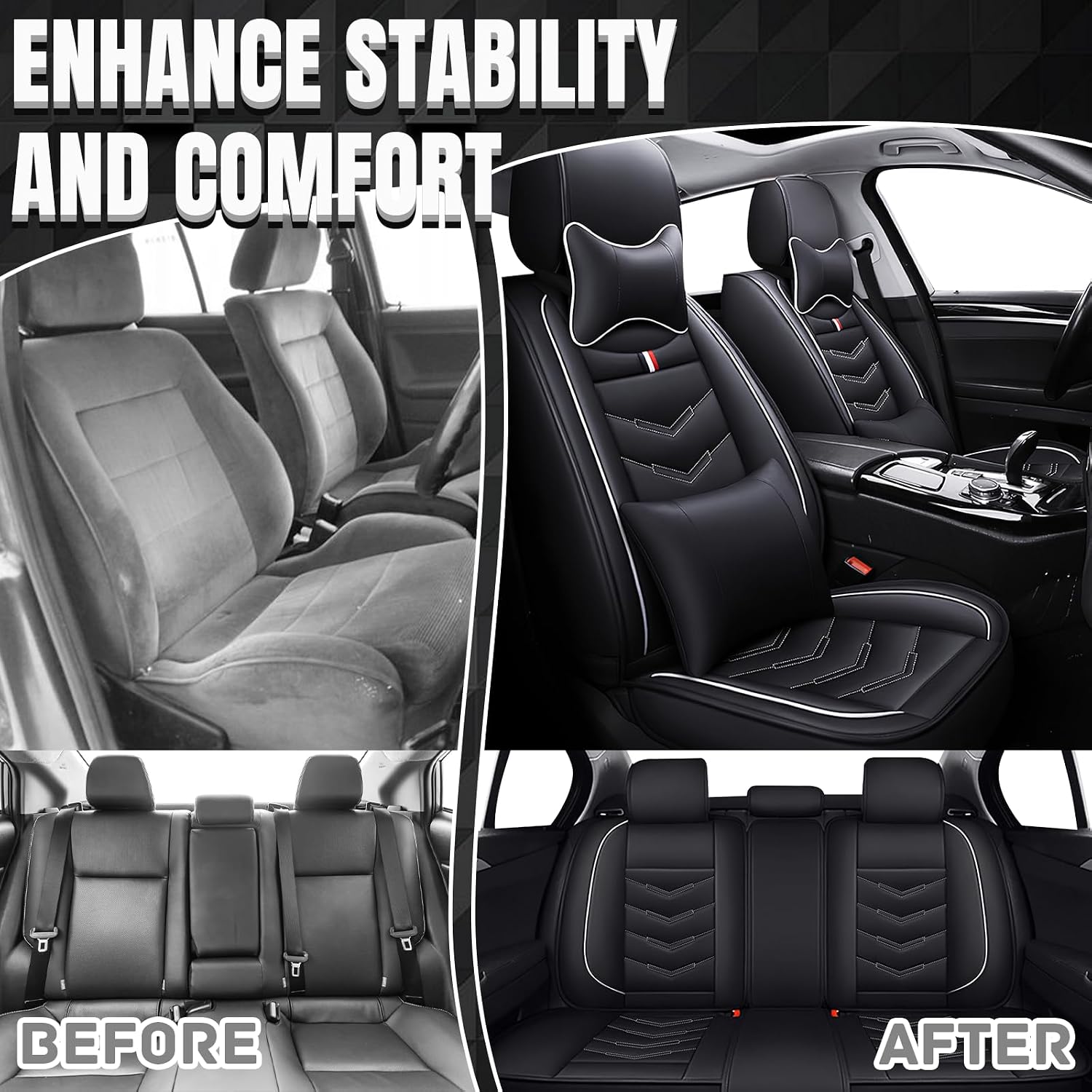 Car Seat Covers Fit for Buick Enclave 2008-2025, Leather Seat Covers for Car, Waterproof Non-Slip Durable Car Seat Protector(5 Seats with Pillow,Black White)