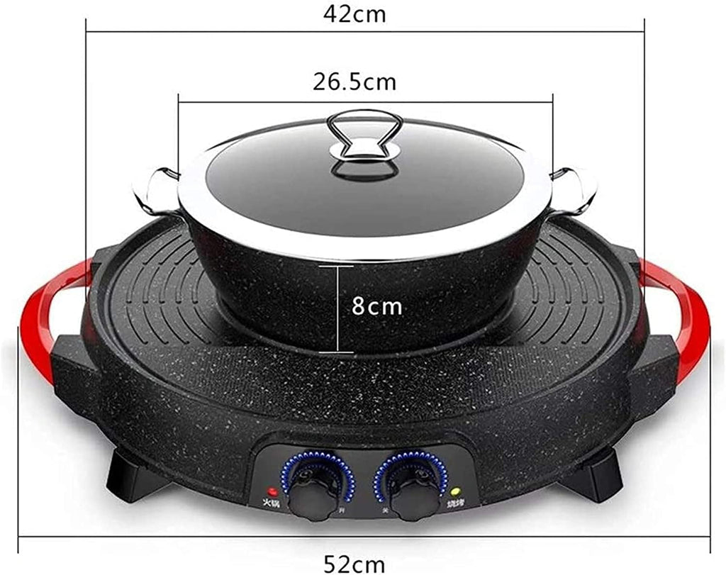 Electric Grill 2 in 1 Electric Pan Shabu Hot Pot BBQ with 5 Temperature adjustments for Indoor Outdoor (Color : Black 1, Size : 52 * 52 * 15cm)