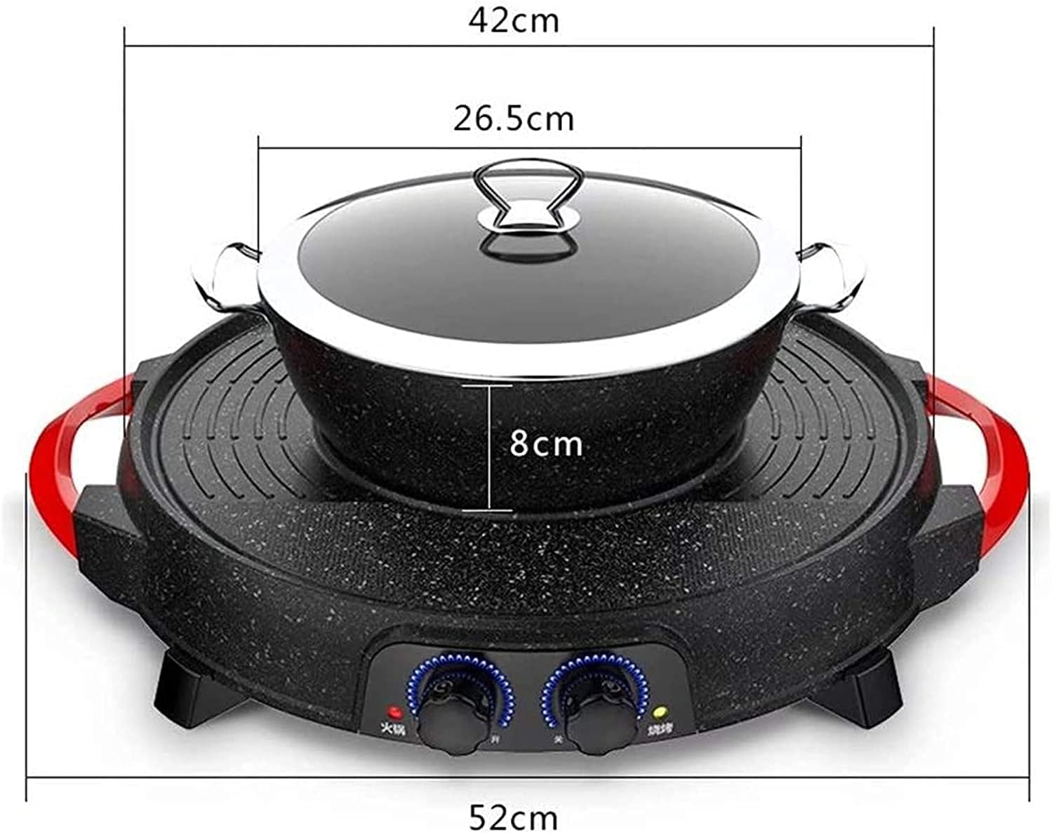 Electric Grill 2 in 1 Electric Pan Shabu Hot Pot BBQ with 5 Temperature adjustments for Indoor Outdoor (Color : Black 1, Size : 52 * 52 * 15cm)