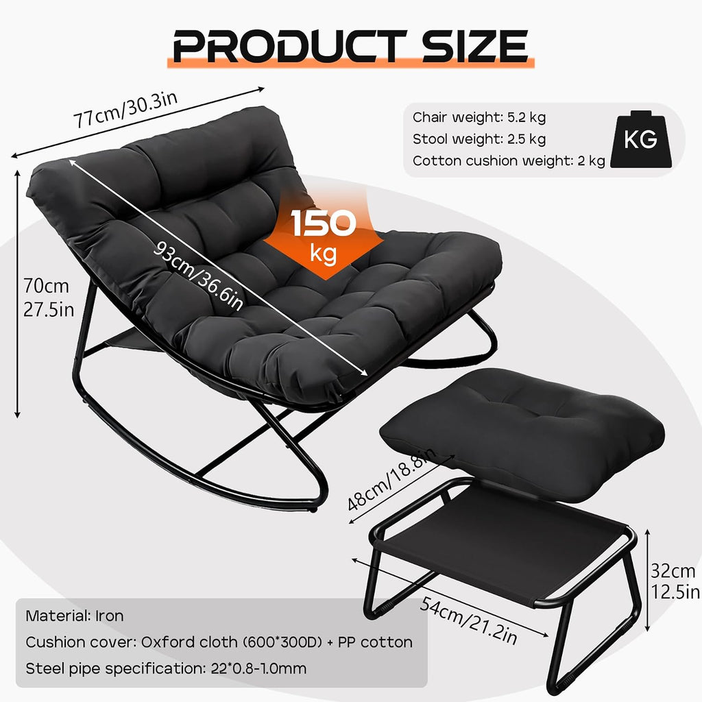 Outdoor Papasan Rocking Chair with Cushion, Oversized Rocking Chair with Ottoman, Modern Cozy Lounge Rocker Chair, Comfy Egg Chairs for Indoor Balcony Porch Patio, Black