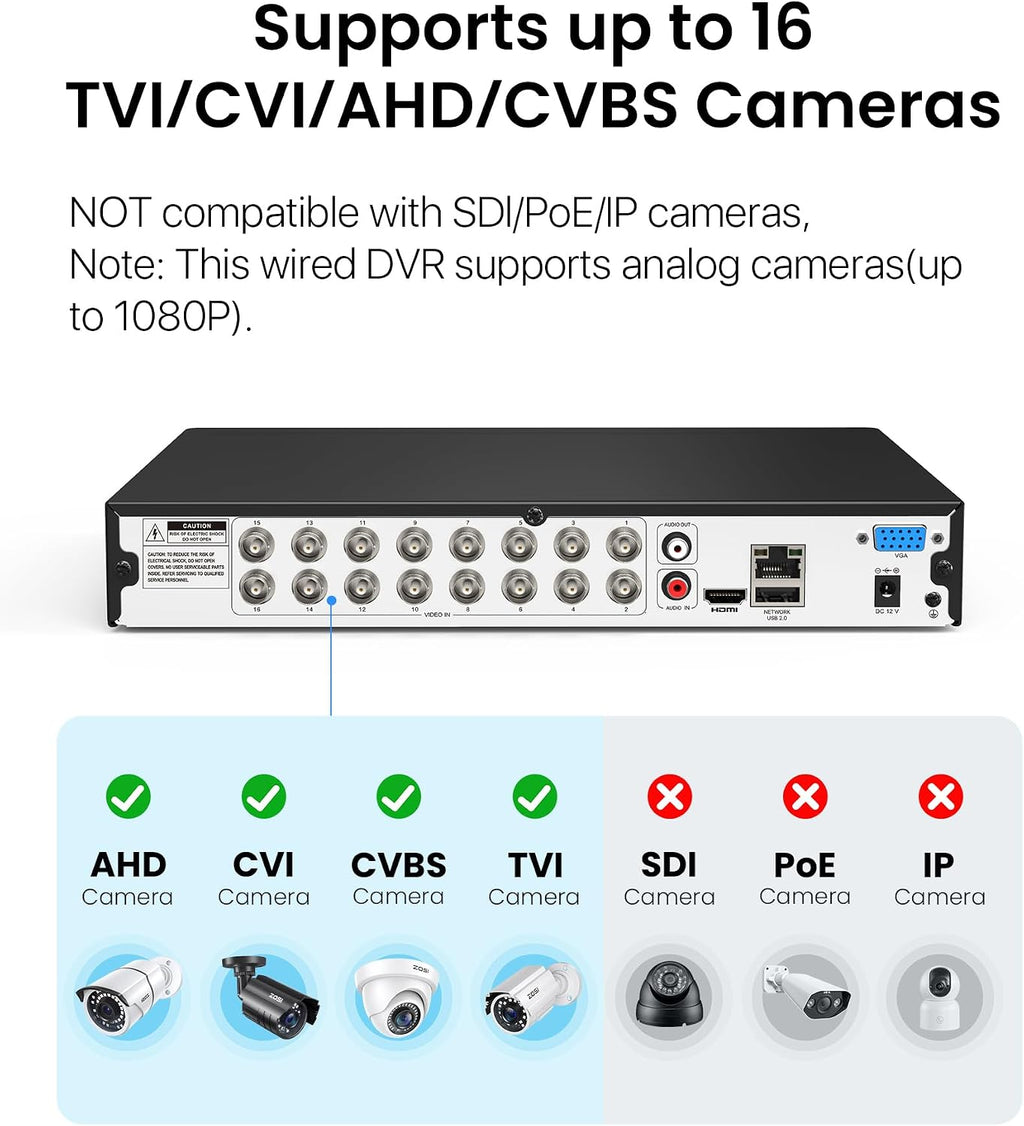 ZOSI H.265+ Full 1080P 16 Channel Hybrid 4-in-1 Surveillance CCTV DVR with 2TB HDD for 960H,CVI,TVI,AHD Home Surveillance Cameras,with Remote View,Motion Detection