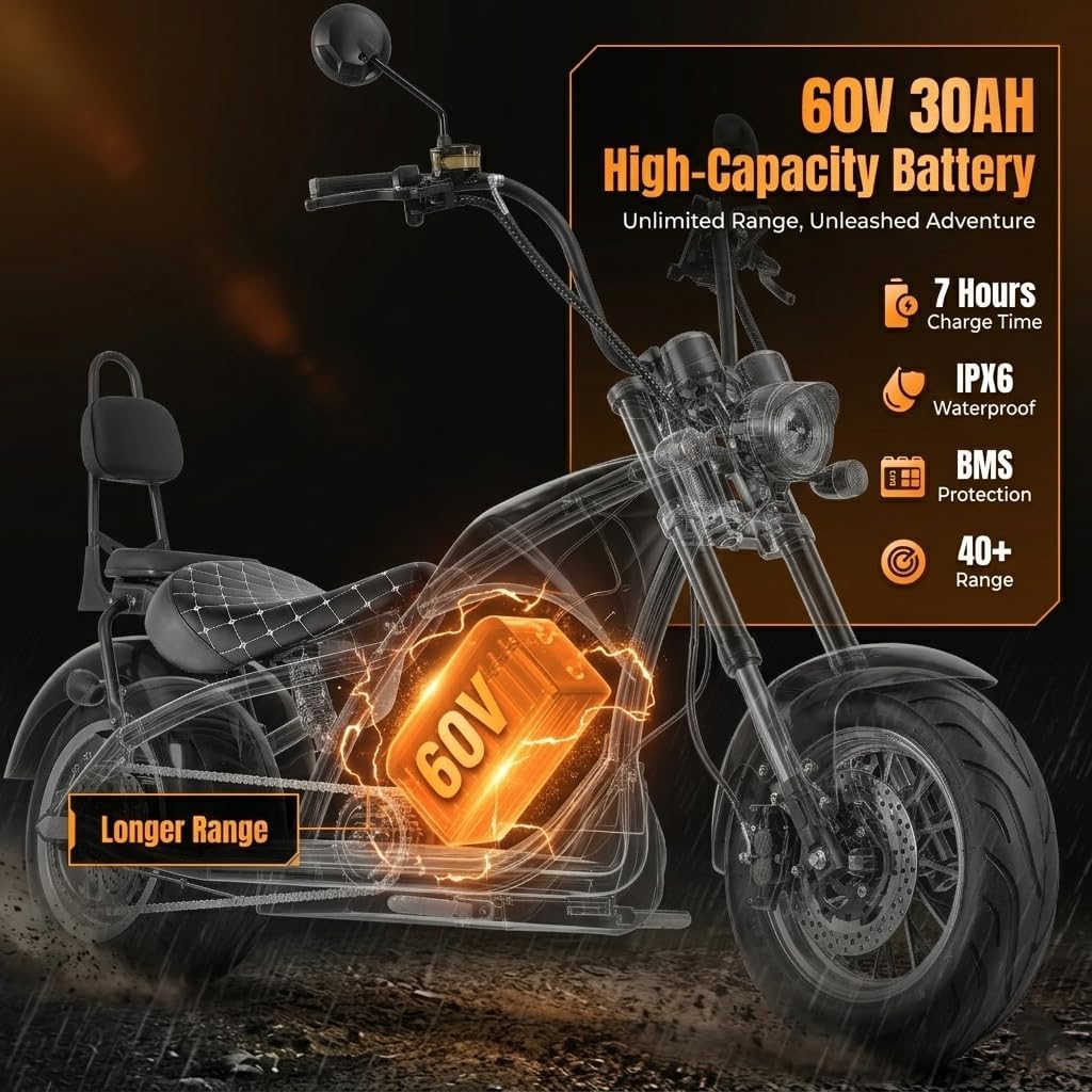 eAhora M1 2 Seater 2000W Electric Motorcycle for Adults,37MPH 60V 30Ah Battery 40 Miles Long Range Full Suspension Dual Hydraulic Brakes, Street Legal Electric Motorcycle