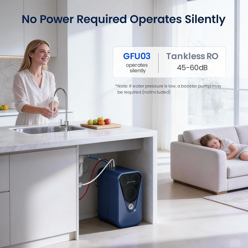 GLACIER FRESH GFU03 Reverse Osmosis System 800 GPD, No Electric/Noise, 3:1 Pure to Drain, 5-Stage Tankless Under-Sink Water Filter System, Filtration Accuracy 0.0001μm, for Any Under-Sink Setting