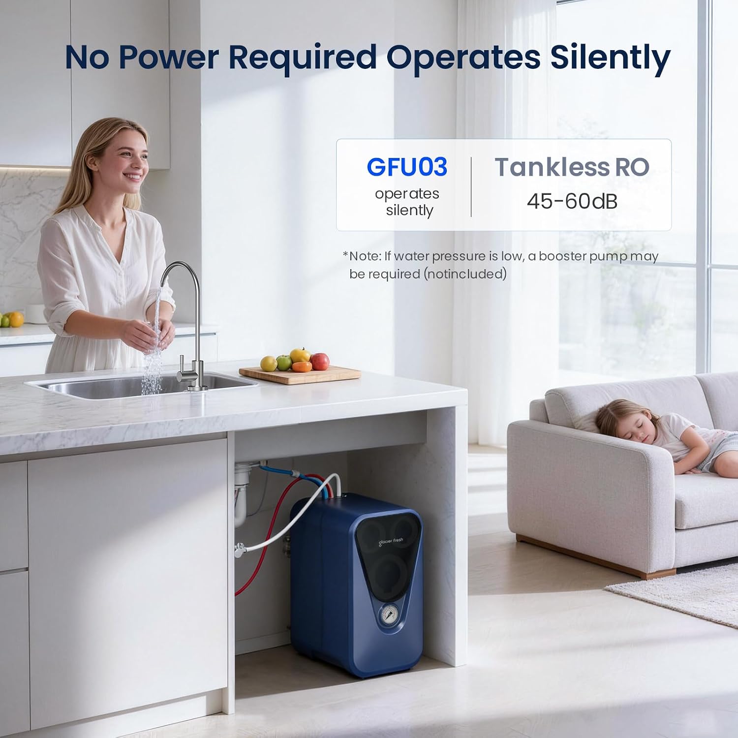 GLACIER FRESH GFU03 Reverse Osmosis System 800 GPD, No Electric/Noise, 3:1 Pure to Drain, 5-Stage Tankless Under-Sink Water Filter System, Filtration Accuracy 0.0001μm, for Any Under-Sink Setting
