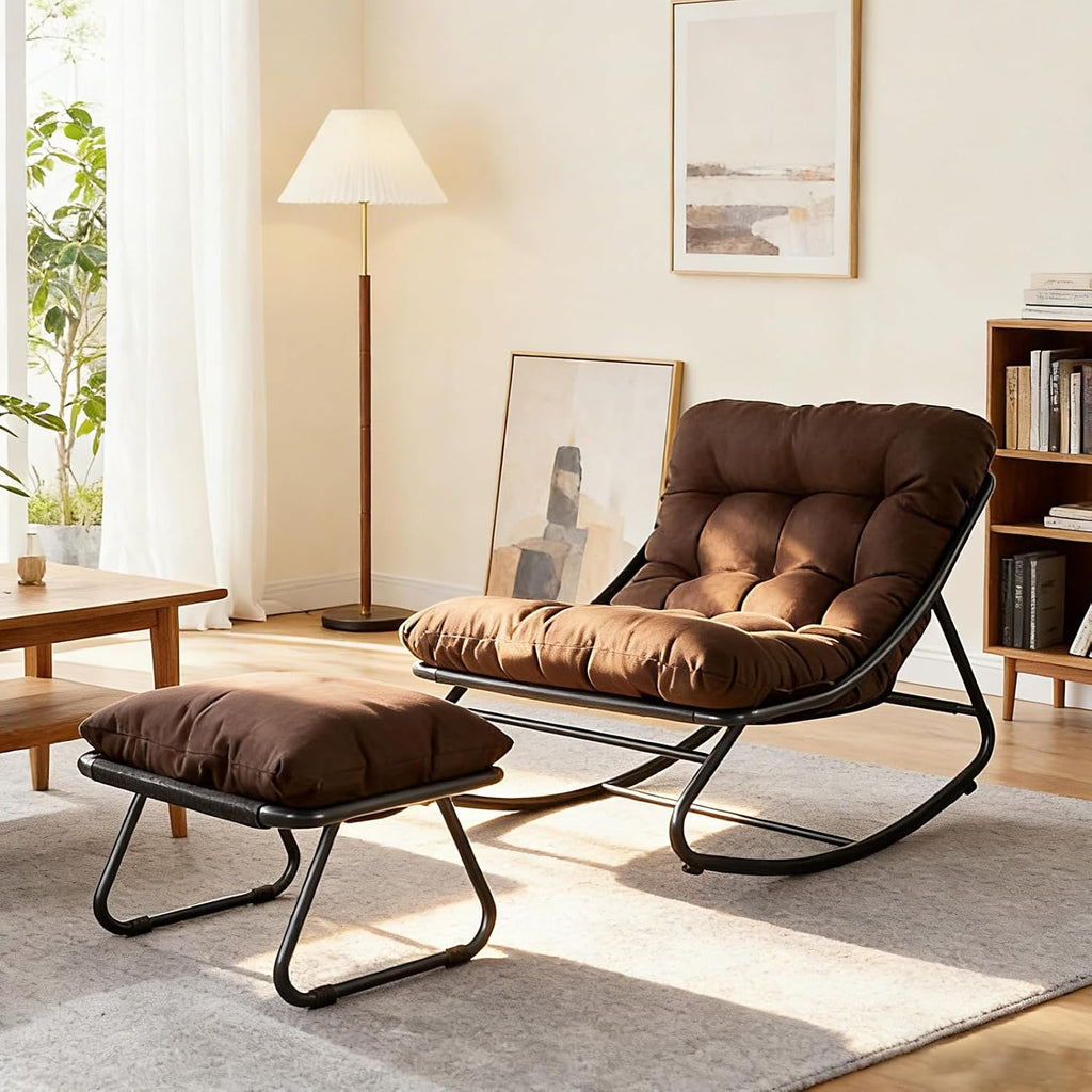 Oversized Papasan Rocker, Comfy Patio Rocking Chair, Outdoor Rocker Chair, Indoor Rocking Egg Chair with Cushion & Ottoman for Bedroom, Living Room, Front Porch (Brown)
