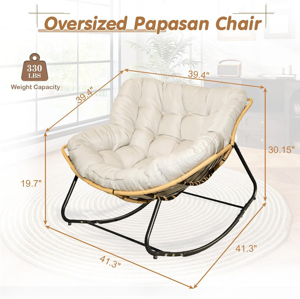 Large Outdoor Indoor Patio Rocking Egg Chair Set of 2, Oversized Papasan Chair Rocker with Cushion and Frame, Comfy Rattan Wicker Lounge Chair Outdoor Furniture for Porch Patio Garden Backyard, Beige