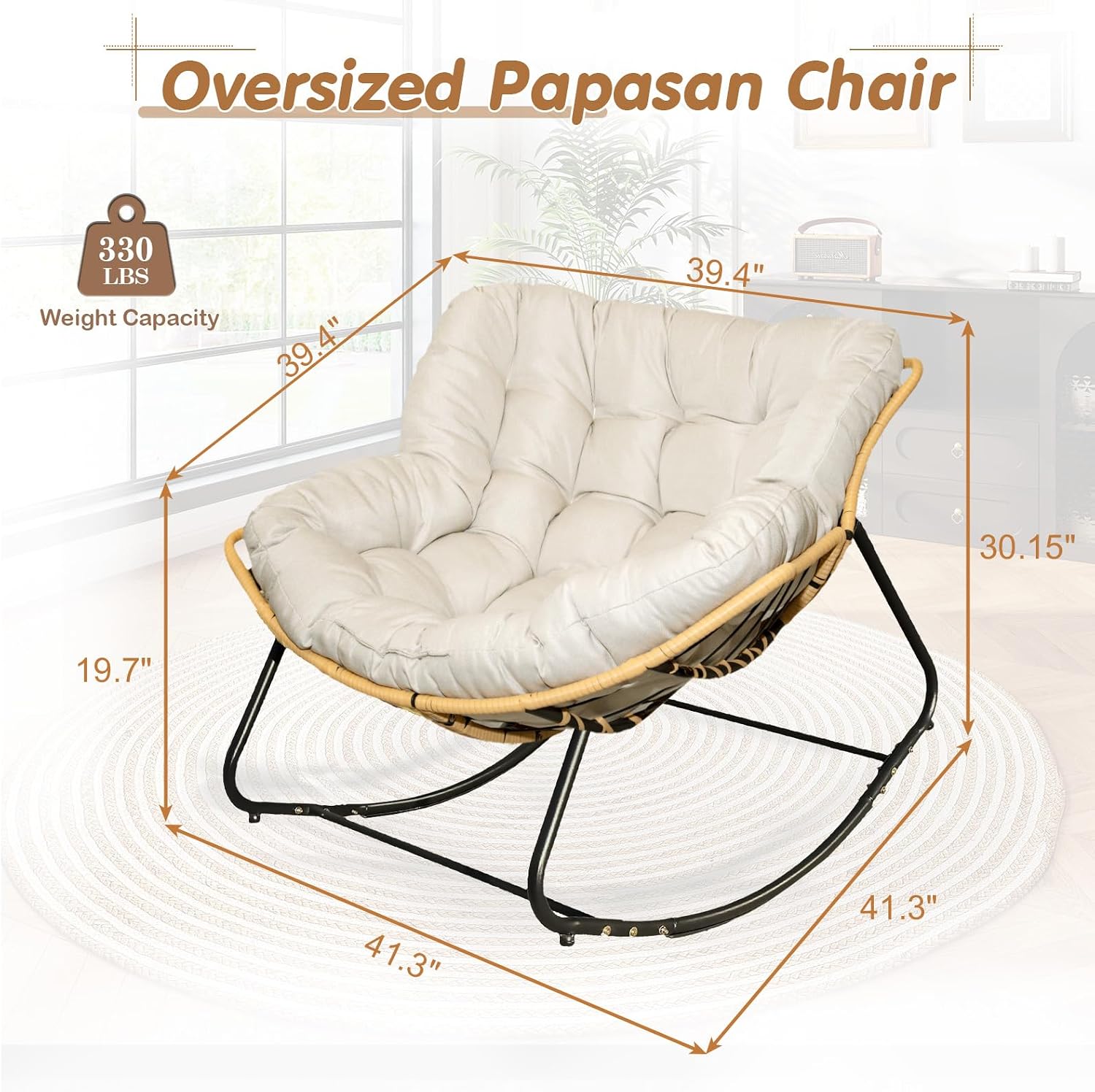 Large Outdoor Indoor Patio Rocking Egg Chair Set of 2, Oversized Papasan Chair Rocker with Cushion and Frame, Comfy Rattan Wicker Lounge Chair Outdoor Furniture for Porch Patio Garden Backyard, Beige