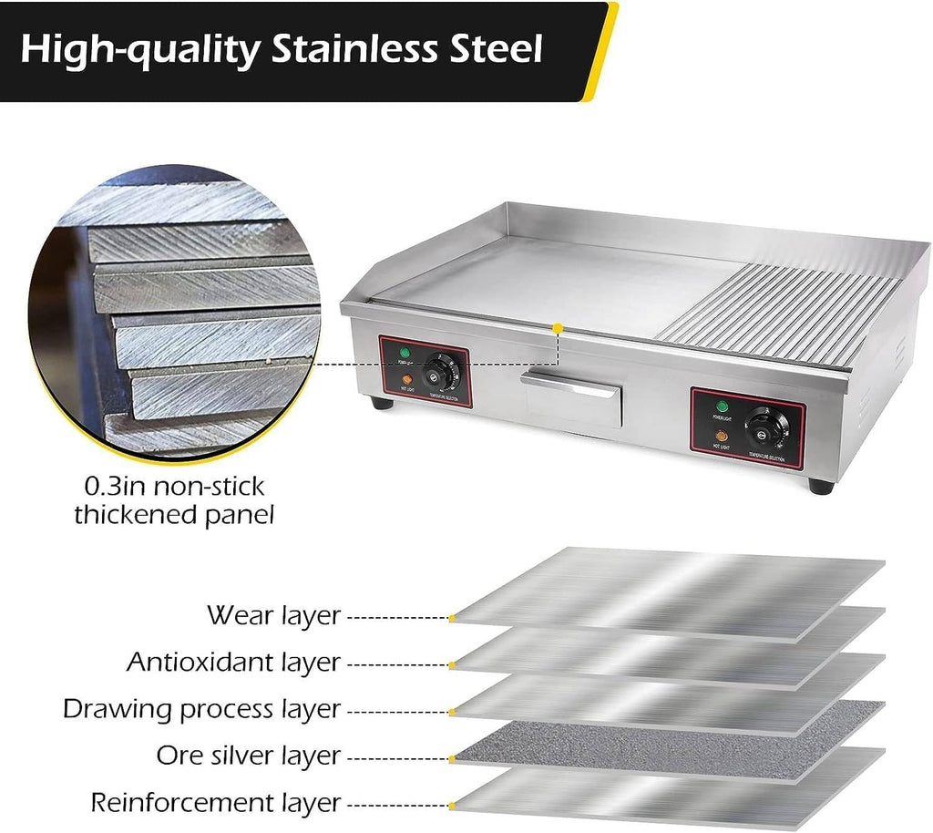 Stainless Steel Adjustable Countertop BBQ Grill, Commercial Electric Griddle with Double Temperature Control, Efficient Nonstick Surface for Home Barbecue