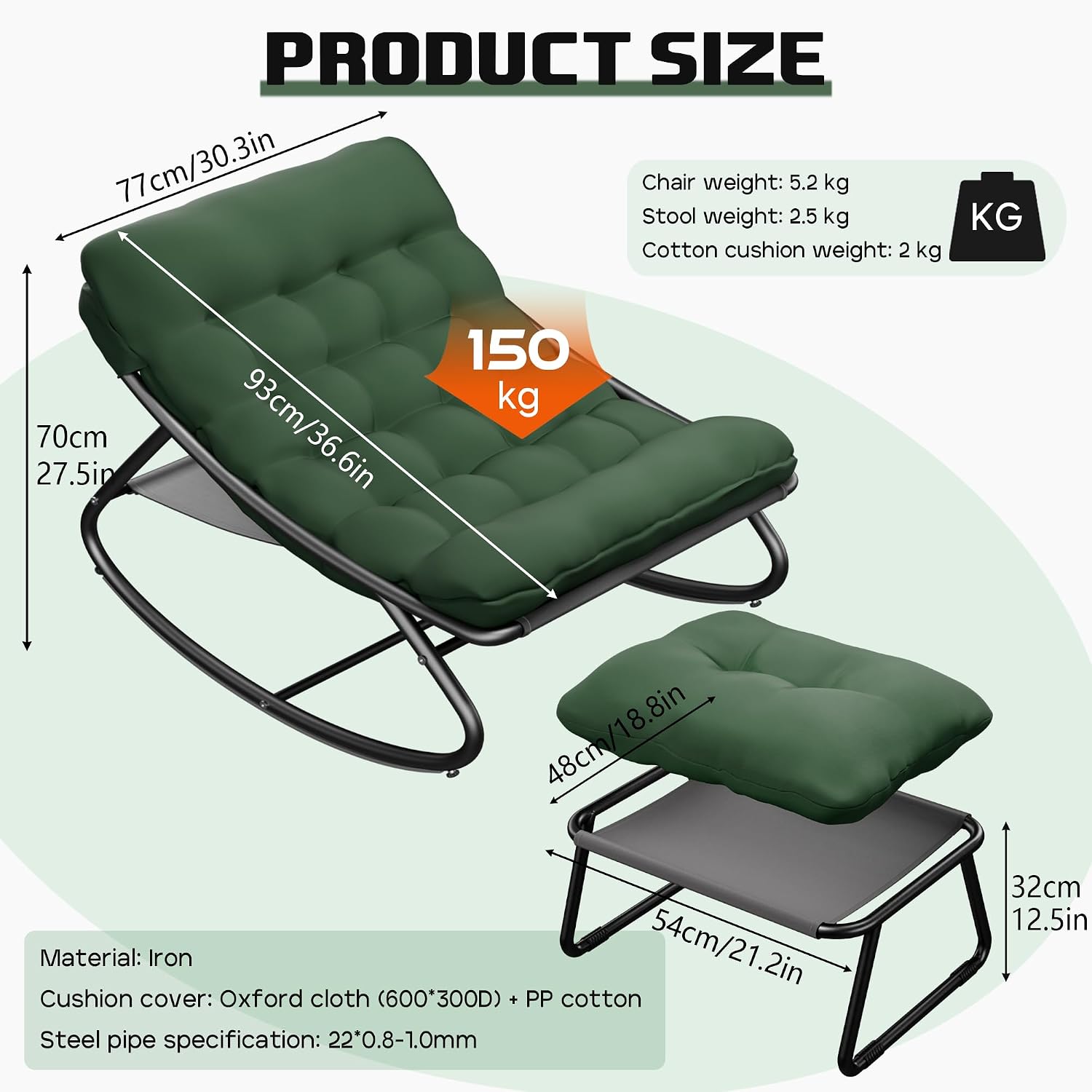 Outdoor Rocking Chair, Oversized Patio Papasan Rocking Chair with Cushion, Modern Comfy Lounge Rocker Chairs for Indoor Balcony Porch (Green)