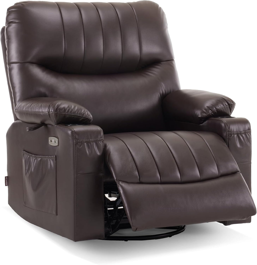 MCombo Oversized Swivel Glider Rocker Power Recliner Chair for Living Room with Heat and Vibration Massage, USB Ports, Cup Holders and Pockets, Faux Leather 7785 (Chocolate Brown)