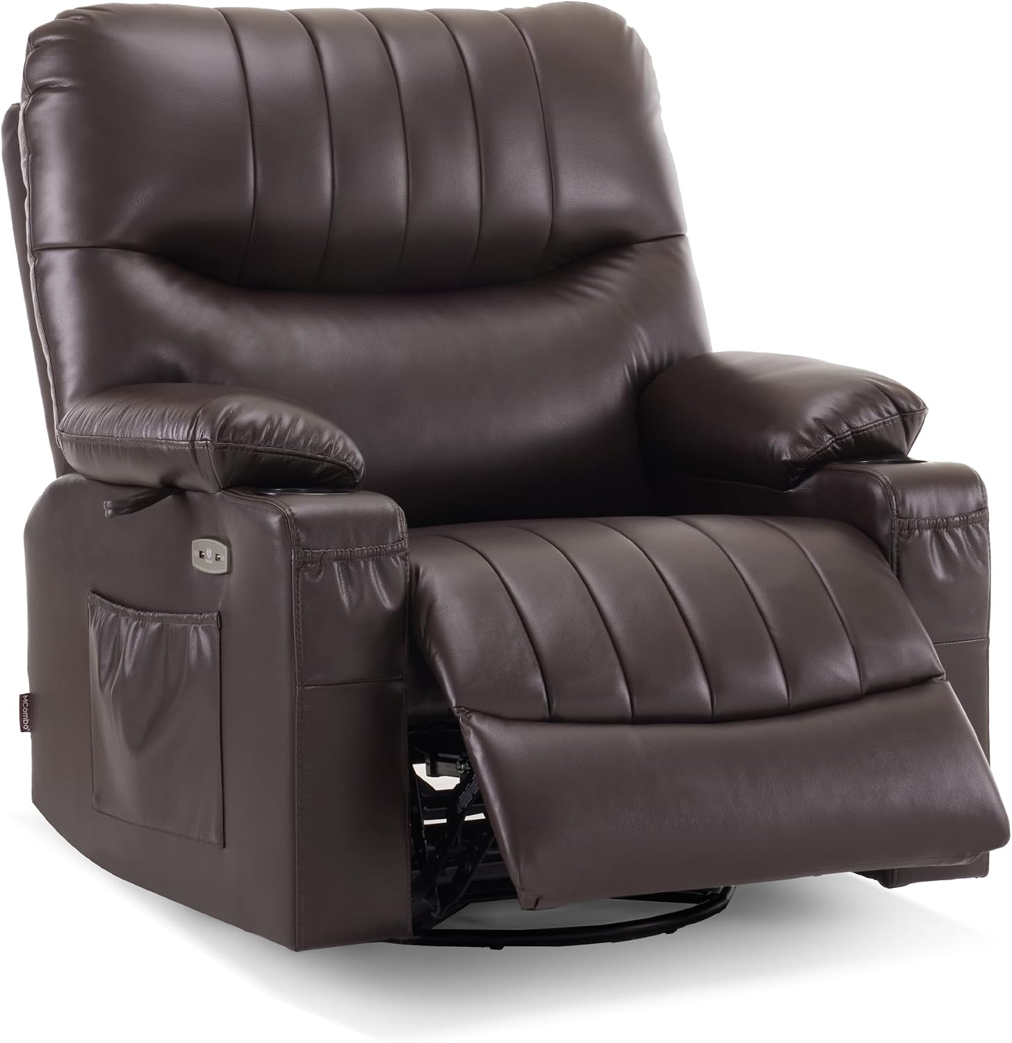 MCombo Oversized Swivel Glider Rocker Power Recliner Chair for Living Room with Heat and Vibration Massage, USB Ports, Cup Holders and Pockets, Faux Leather 7785 (Chocolate Brown)