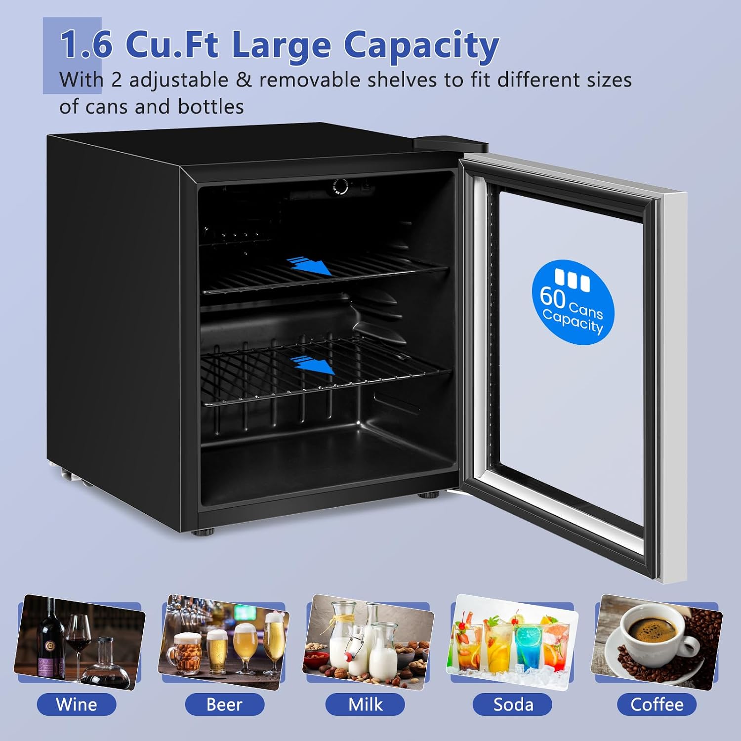 COSTWAY 60 Cans Beverage Refrigerator Cooler, Freestanding Mini Fridge with Glass Door & Removable Shelves, Small Beverage Drink Fridge for Soda Beer Wine, 1.6 Cu.Ft