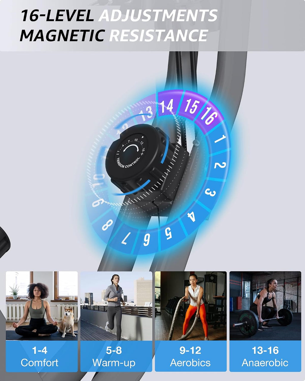 USLIM Foldable Exercise Bike Stationary Bikes for Home, 5 IN 1 Indoor Workout Bike, Cycling Bike with 16-Level Quiet Magnetic Resistance, 6.6 LBS Flywheel and 300LBS Capacity for Senior and Home Workout