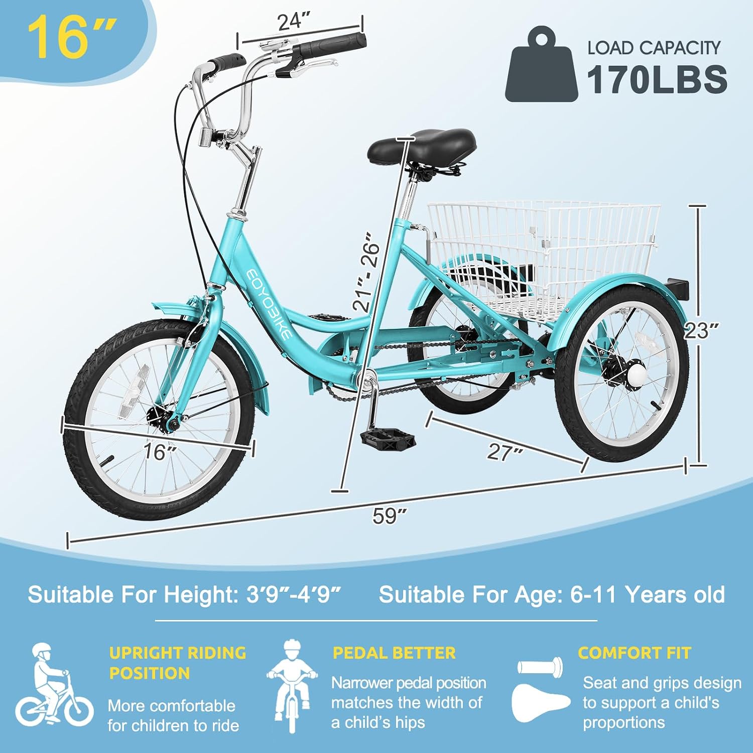 NAIZEA 16 Inch Trike Kids Bike, Single Speed Complete Cruiser Bikes for Boys & Girls, Three Wheel Bikes with Adjustable Height and Rear Basket, Multiple Colors
