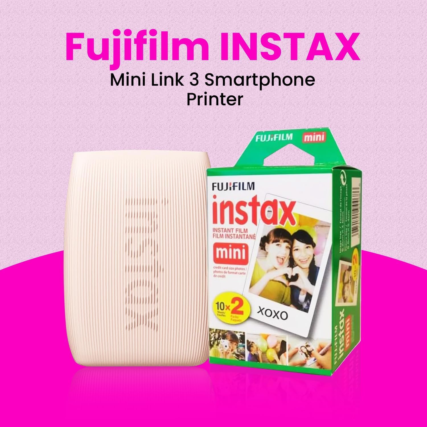 Fujifilm INSTAX Mini Link 3 Smartphone Printer + INSTAX Mini Instant Film (20 Sheets) + USB Wall Charger + BluebirdSales Travel Bag, Photo Album, Microfiber Cleaning Cloth (Rose Pink)