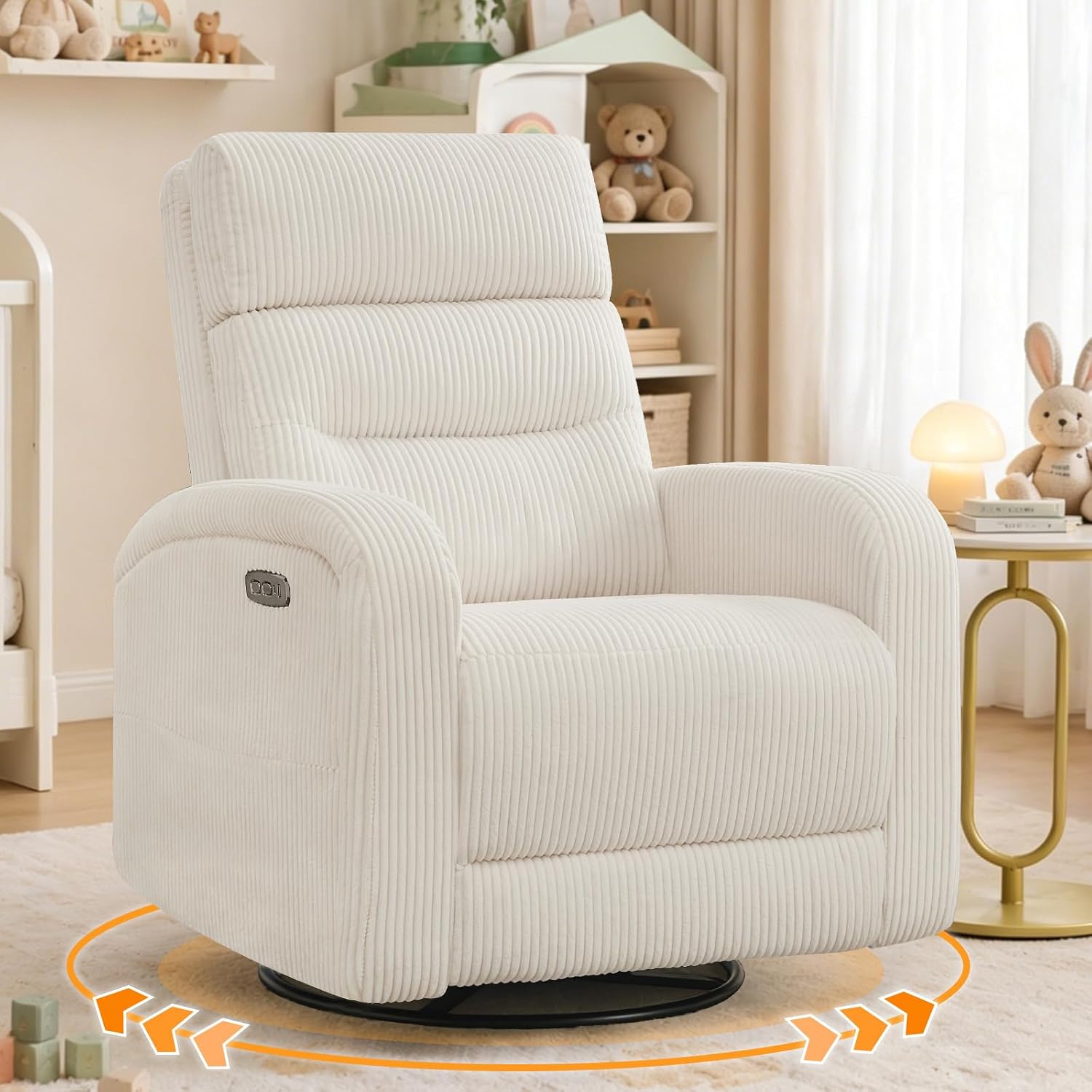 Power Swivel Rocker Recliner Chair for Nursery, Swivel Reclining Rocking Chairs, Electric Glider for Living Room, Upholstered Recliner Chairs for Bedroom, Corduroy White