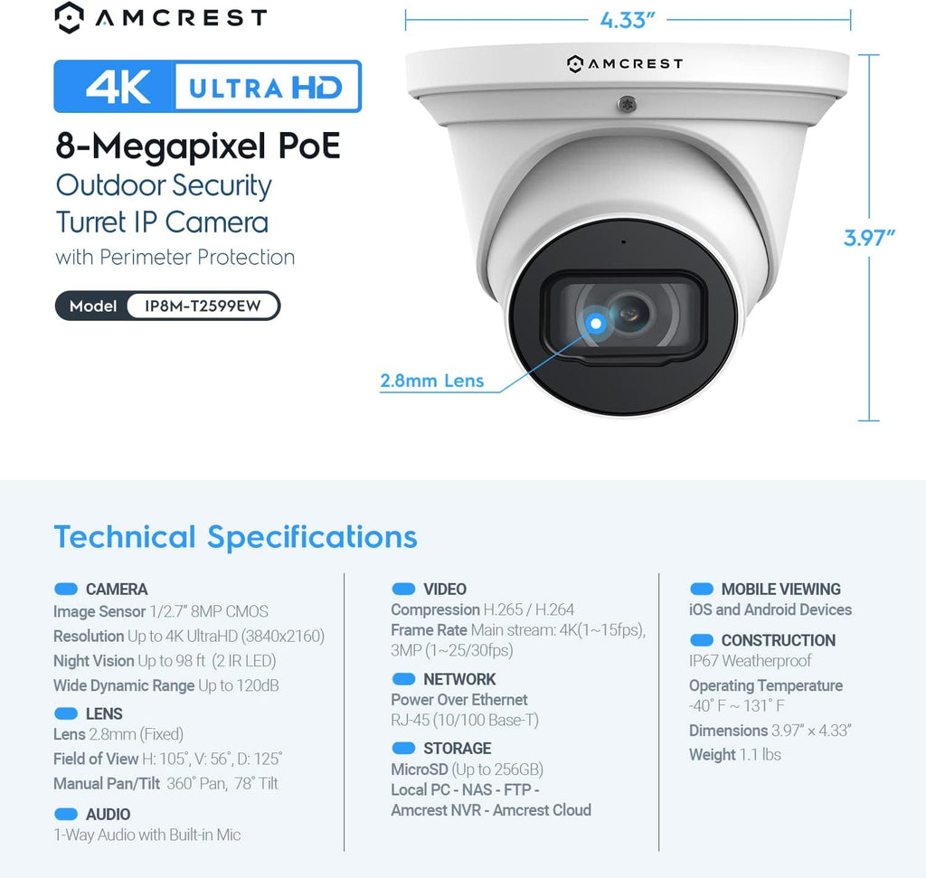 Amcrest 4K POE Security Camera System with 4K 8Ch PoE NVR (4) x 8 Megapixel Turret IP POE Cameras (3840x2160) Pre Installed 2TB Hard Drive NV4108E-IP8M-T2599EW4-2TB