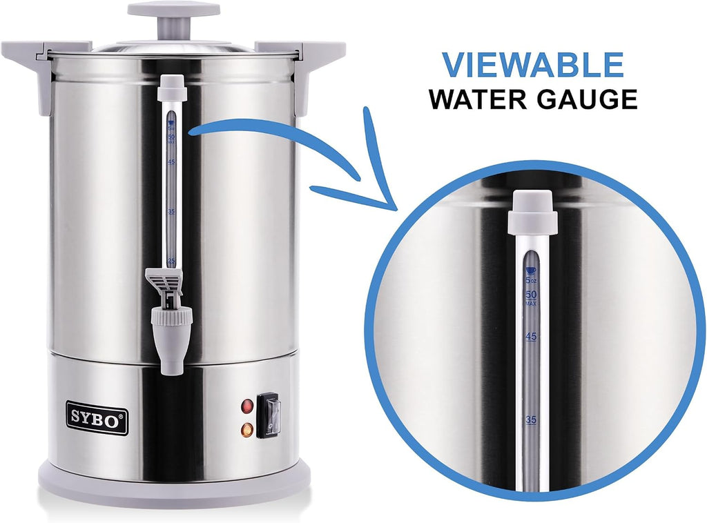 SYBO Commercial Grade Stainless Steel Percolate Coffee Maker Hot Water Urn for Catering, 100-Cup 16 L, Grey