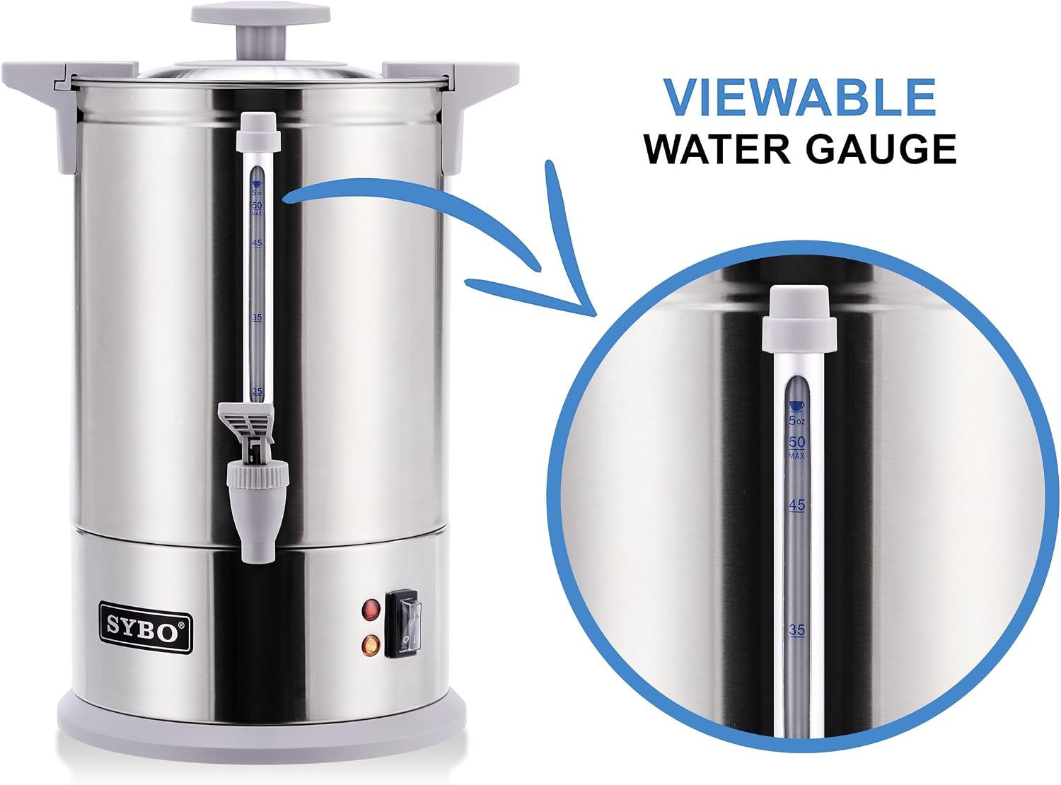 SYBO Commercial Grade Stainless Steel Percolate Coffee Maker Hot Water Urn for Catering, 100-Cup 16 L, Grey