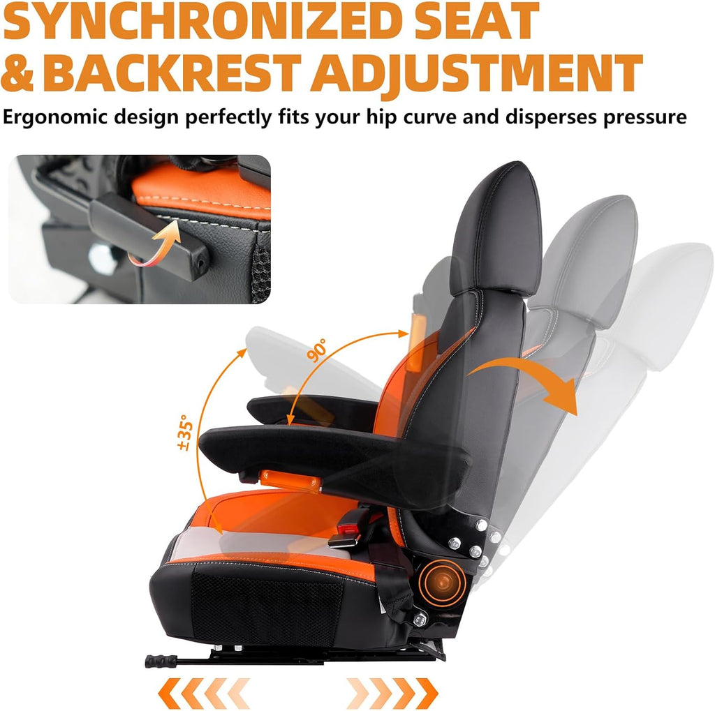 Universal Orange Ergonomic Tractor Seat with Adjustable Backrest, Armrests & Safety Belt And Micro Switch– Replacement for Zero Turn Mowers, Forklifts, Skid Steers, Loader Telehandler Dozer Excavator