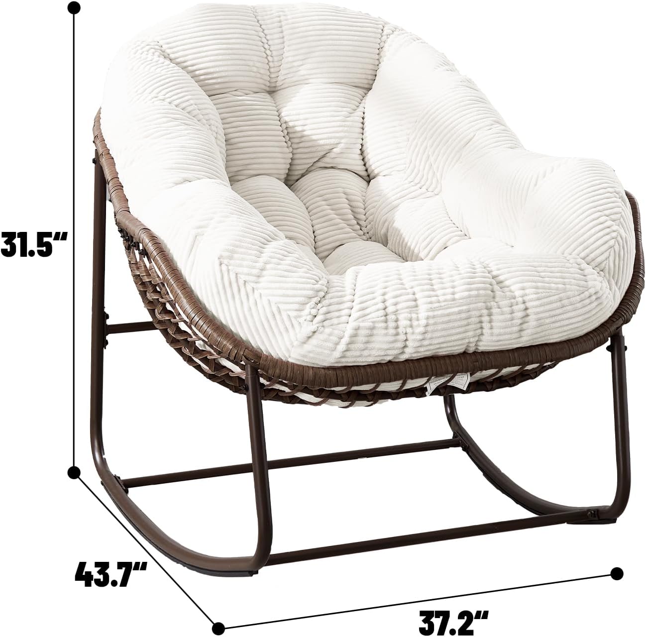 Rattan Rocking Chair for Indoor Outdoor Patio Oversized Wicker Egg Chair with Steel Frame Corduroy Padded Cushion Rocker Recliner Chair Comfy Lounger Papasan Chair for Living Room Garden, Beige