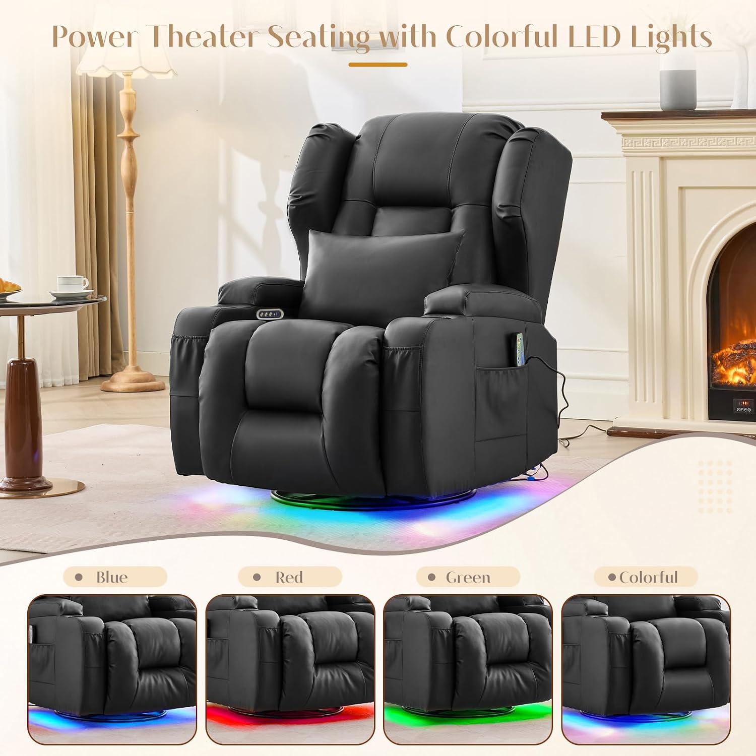 Power Swivel Rocker Recliner Chair with Massage & Heat, Dual Motor Electric Glider Rocking Recliner with USB Ports, Cup Holders & LED Light for Living Room, Home Theater (Black)
