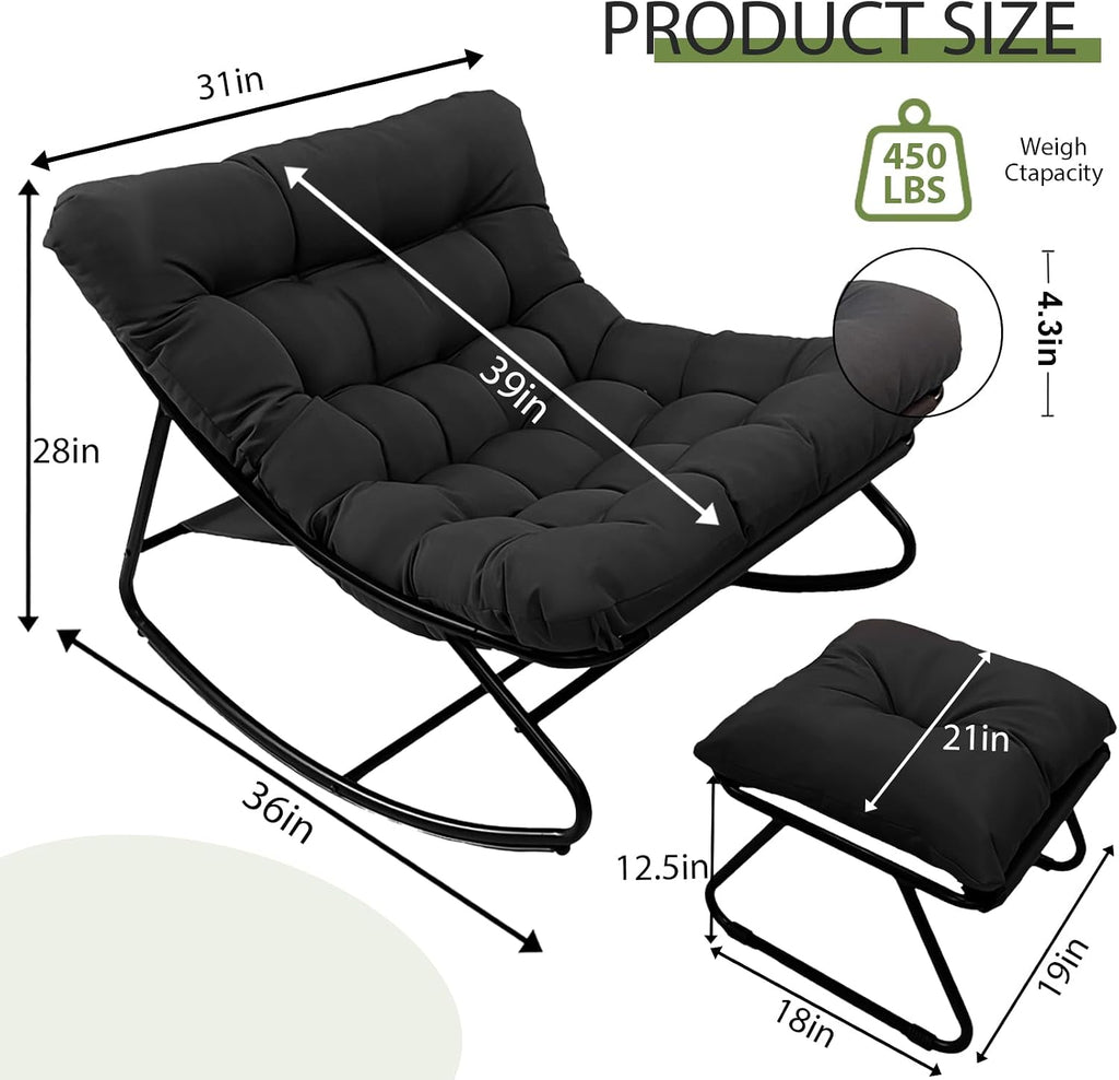 Patio Rocking Chair with Ottoman Outdoor & Indoor, Rocking Chairs Padded with Foot Rest, 330lbs Capacity, Metal Outdoor Rocker for Garden, Deck, Living Room, Bedroom, Balcony (Black)