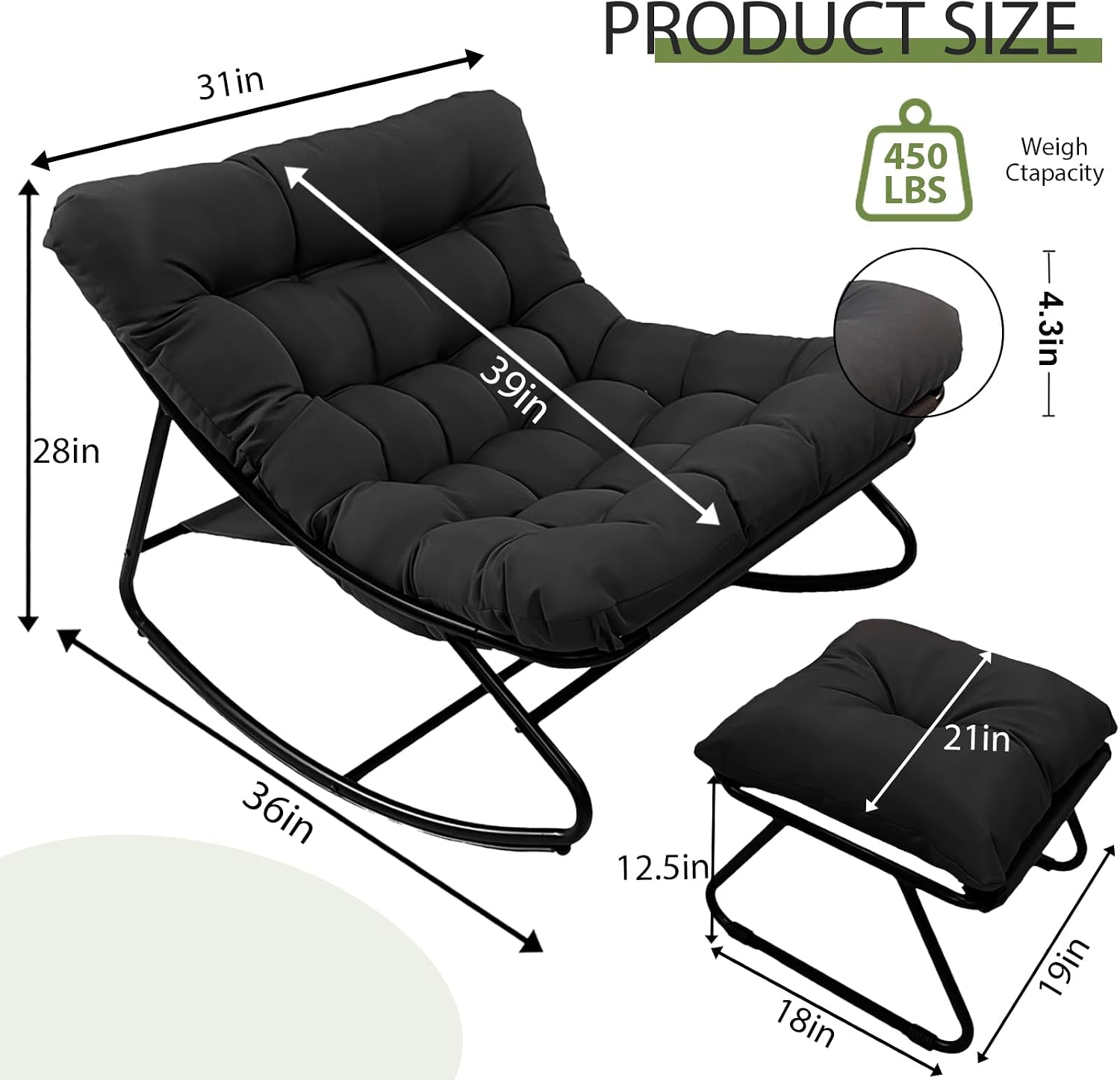 Patio Rocking Chair with Ottoman Outdoor & Indoor, Rocking Chairs Padded with Foot Rest, 330lbs Capacity, Metal Outdoor Rocker for Garden, Deck, Living Room, Bedroom, Balcony (Black)