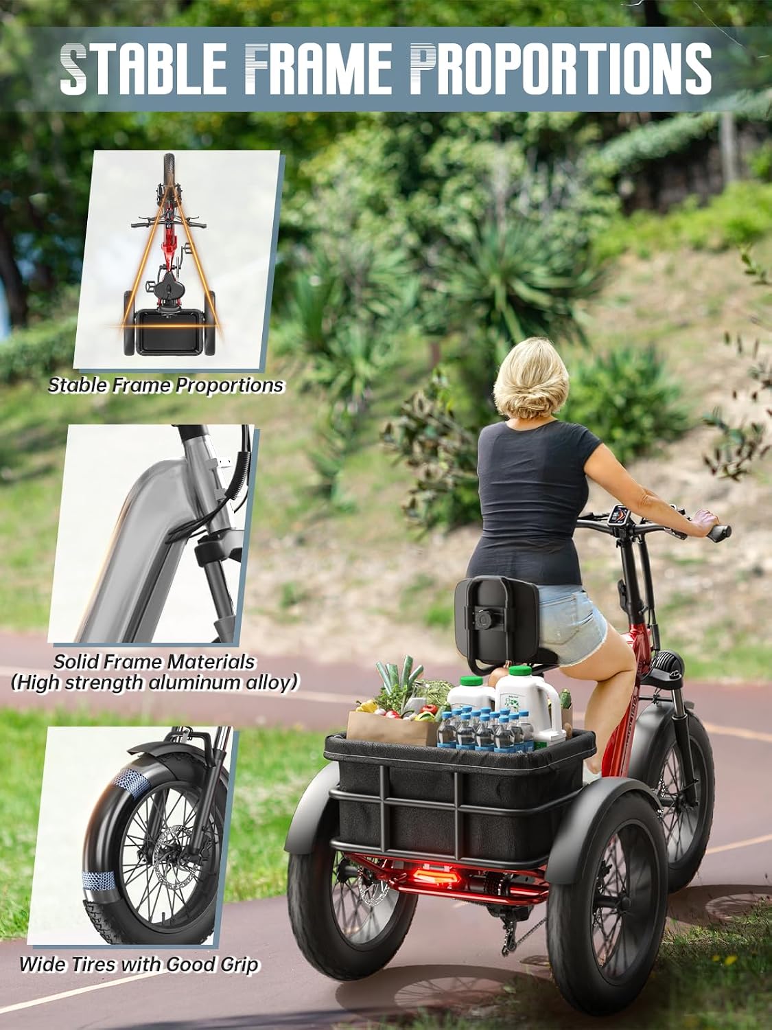 Electric Tricycle for Adult, 110 Miles Range, 500 LB Load, 20'' Fat Tire Electric Trike with Large Basket,Rear Differential,48V/15Ah&17.4Ah Battery,960W Peak Motor for Sand Road,City Road (Husky Plus)
