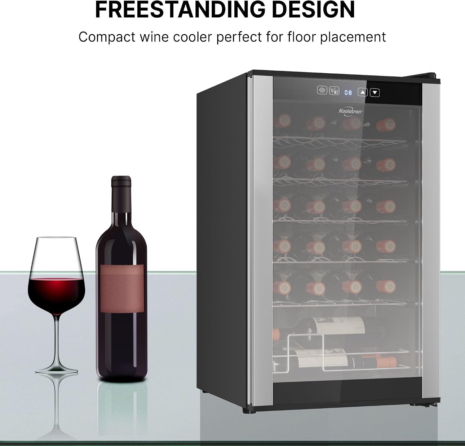 Koolatron 24 Bottle Wine Fridge – Freestanding Wine Cooler with Glass Door, 2.4 cu. ft (68 L), Beverage Can Refrigerator, Digital Temperature Control, Ideal for White, Red, Sparkling Wine, Champagne