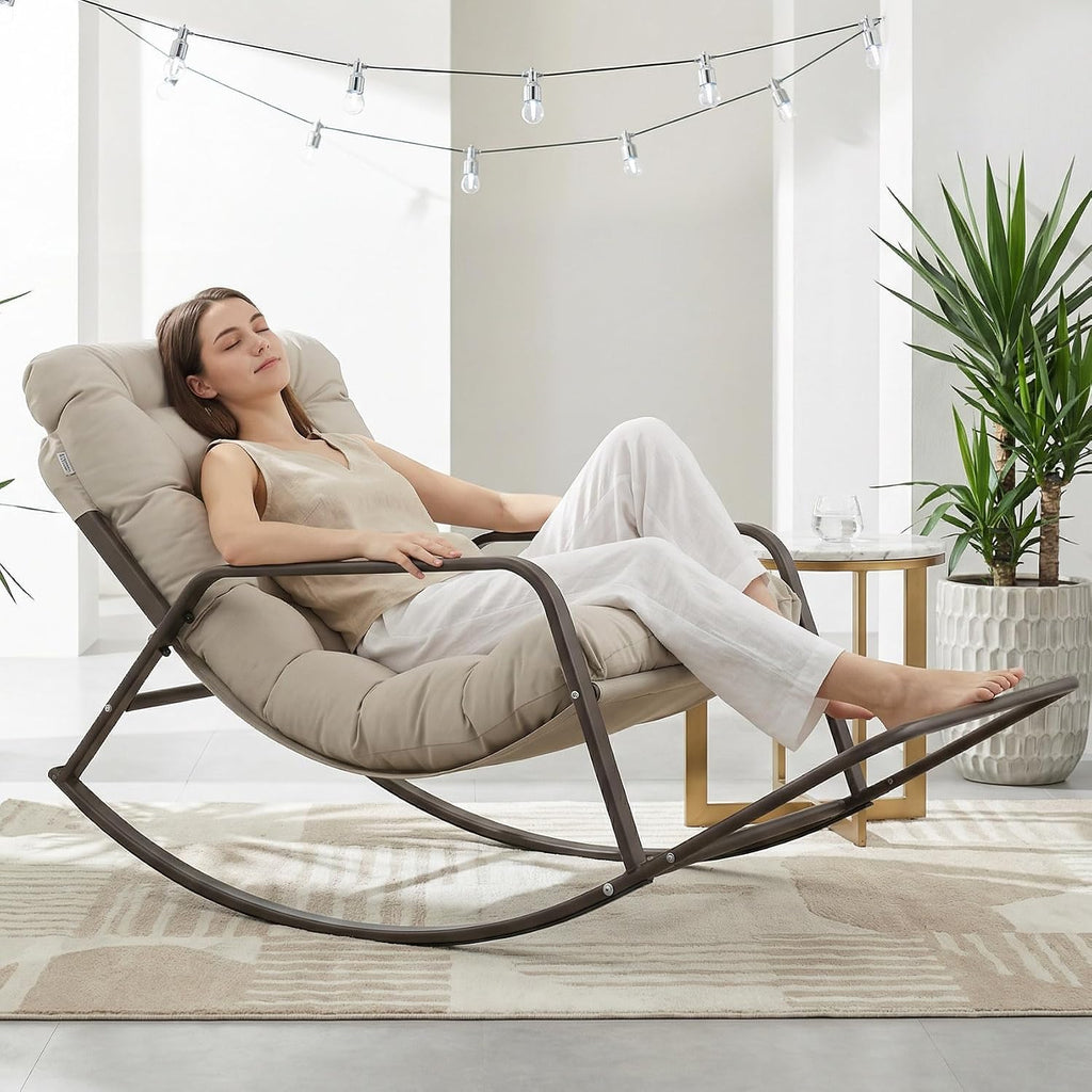 NICESOUL Papasan Rocking Chair with Footrest, Outdoor Rocking Chair with Cushion, Oversized Patio Rocker, Recliner-Style Comfort, Heavy Duty Steel Frame, Indoor Balcony Backyard, Beige